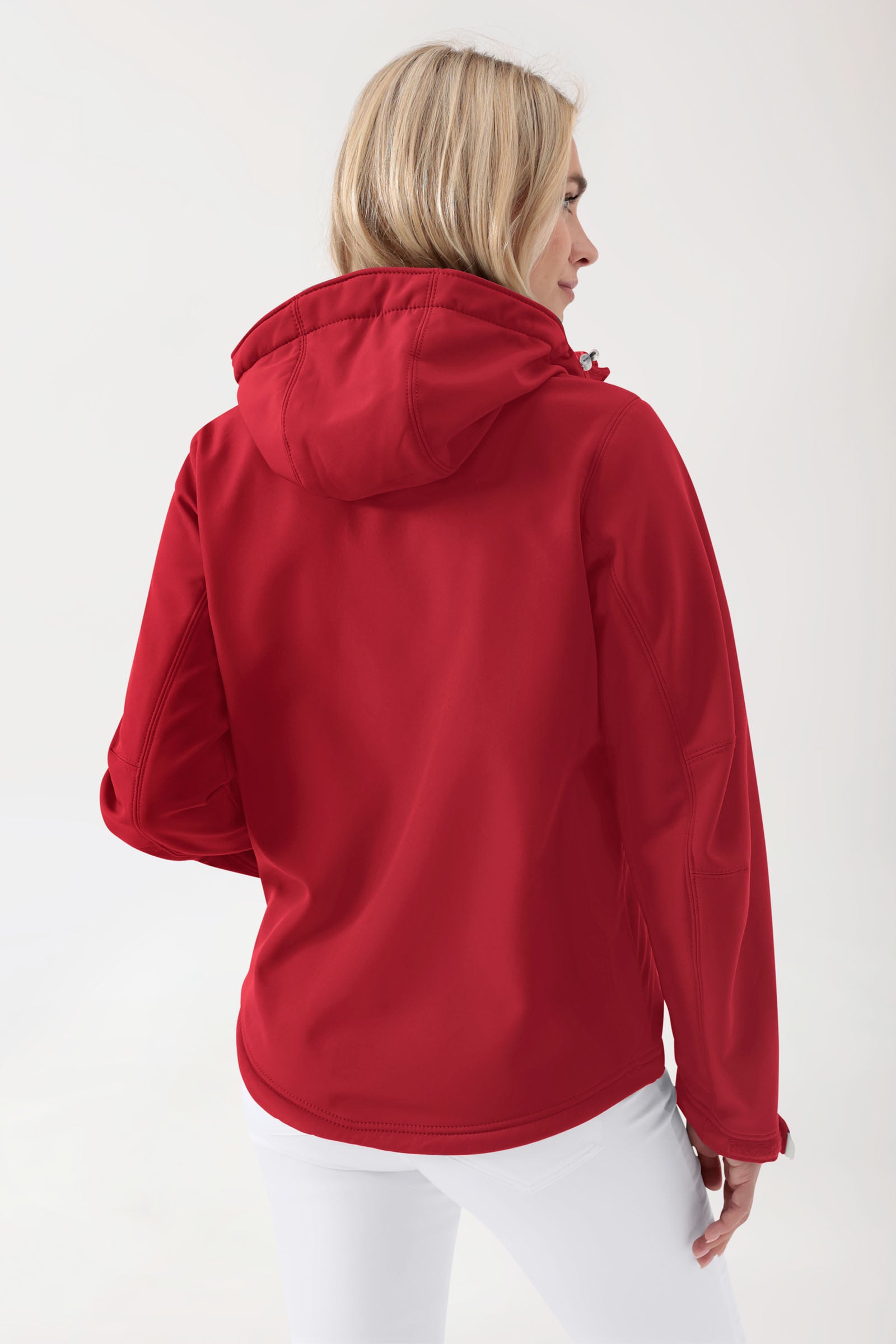 Softshell Jacke Unisex - abnehmbare Kapuze rot, Rückansicht
