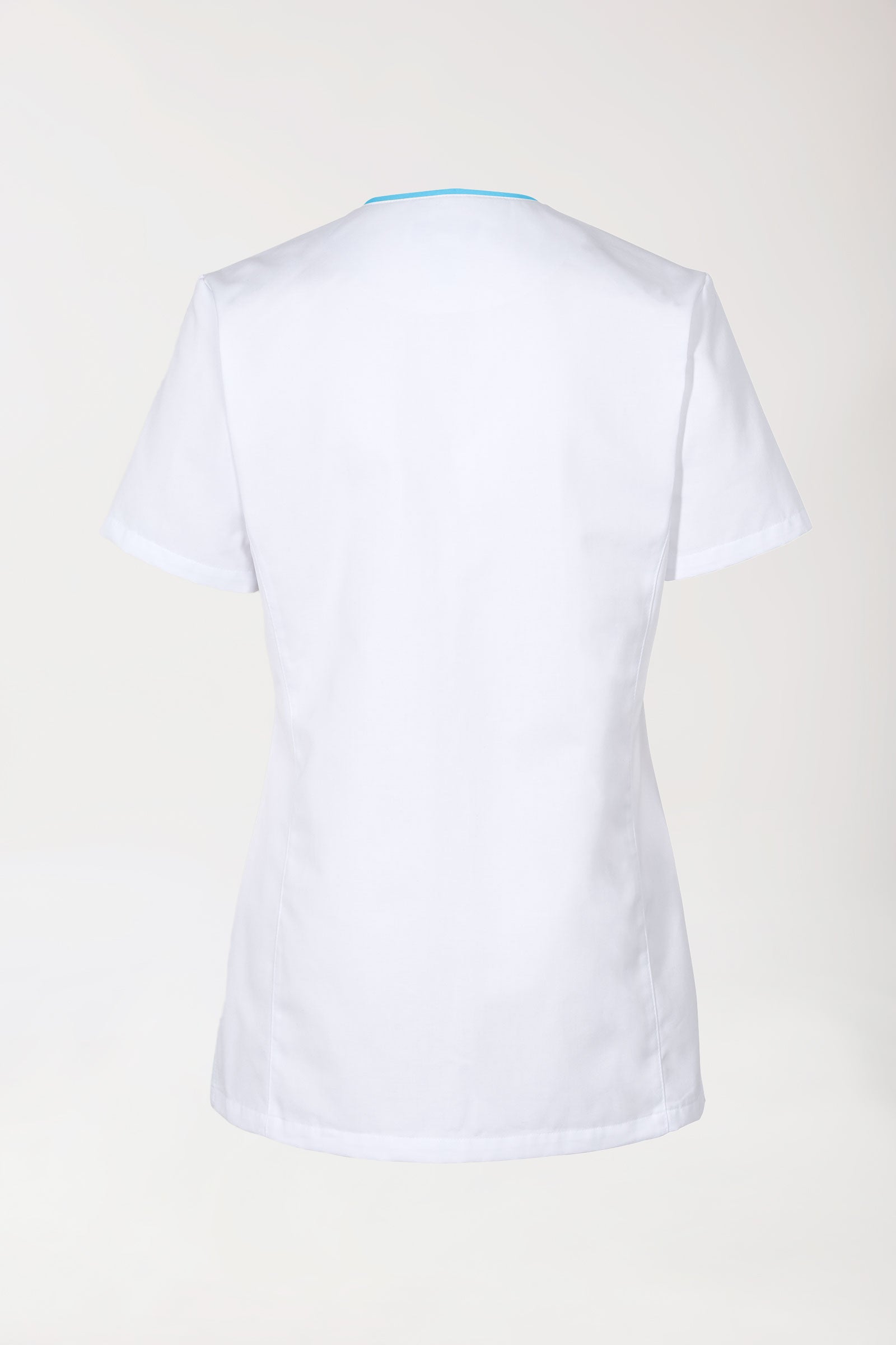 Beauty Kasack Damen - durchgeknöpft weiss/türkis, Rückansicht