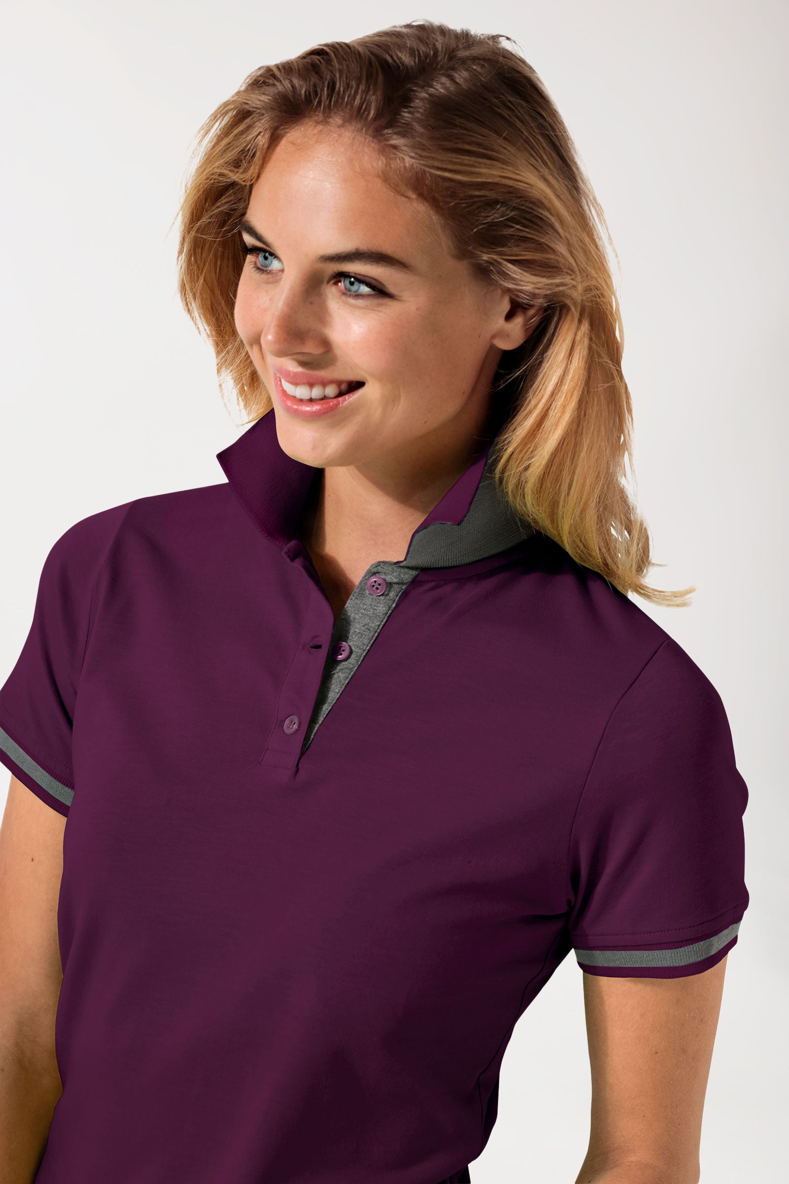 Stretch Shirt Damen - Polokragen pflaume/dunkelgrau melange