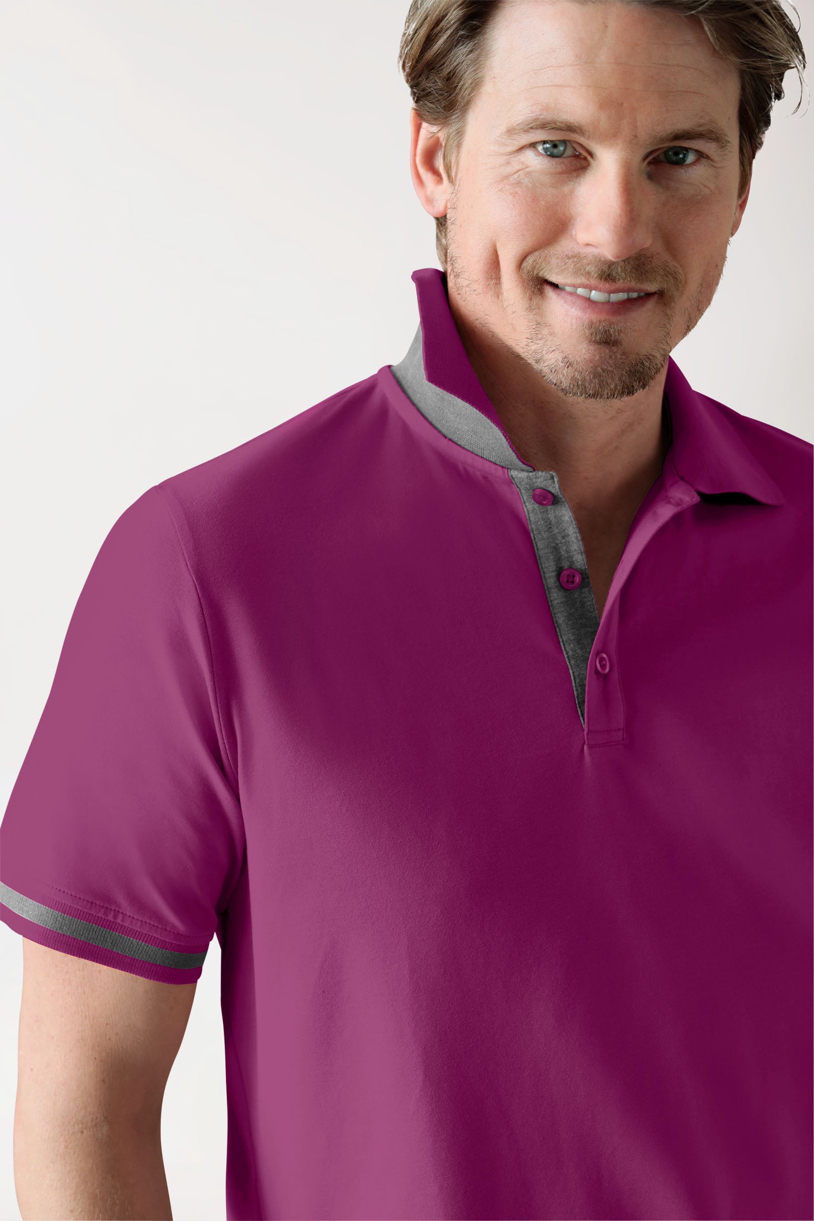 Stretch Shirt Herren - Polokragen berry/dunkelgrau melange