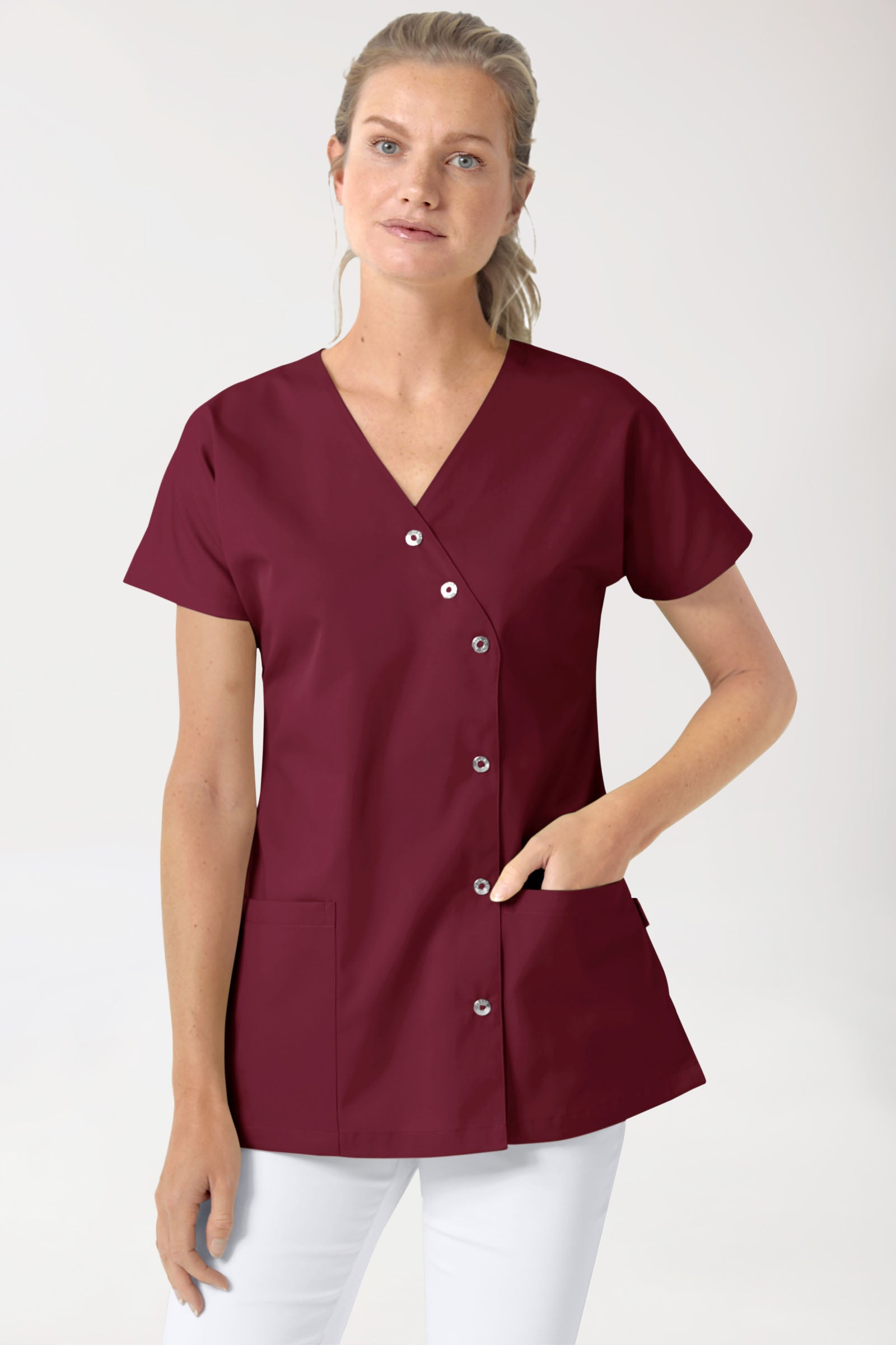 Beauty Kasack Damen - asymmetrische Druckknopfleiste bordeaux