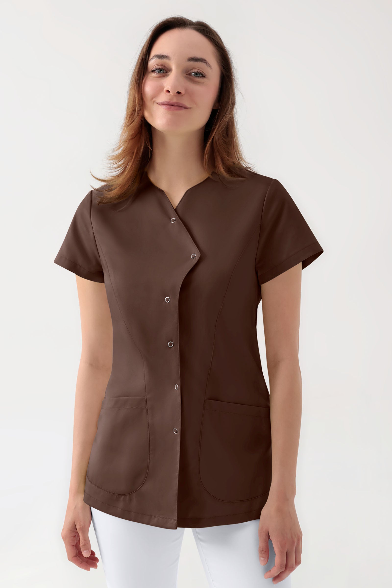 GREEN Stretch Kasack Damen - asymmetrische Druckknopfleiste coffee, Vue de face