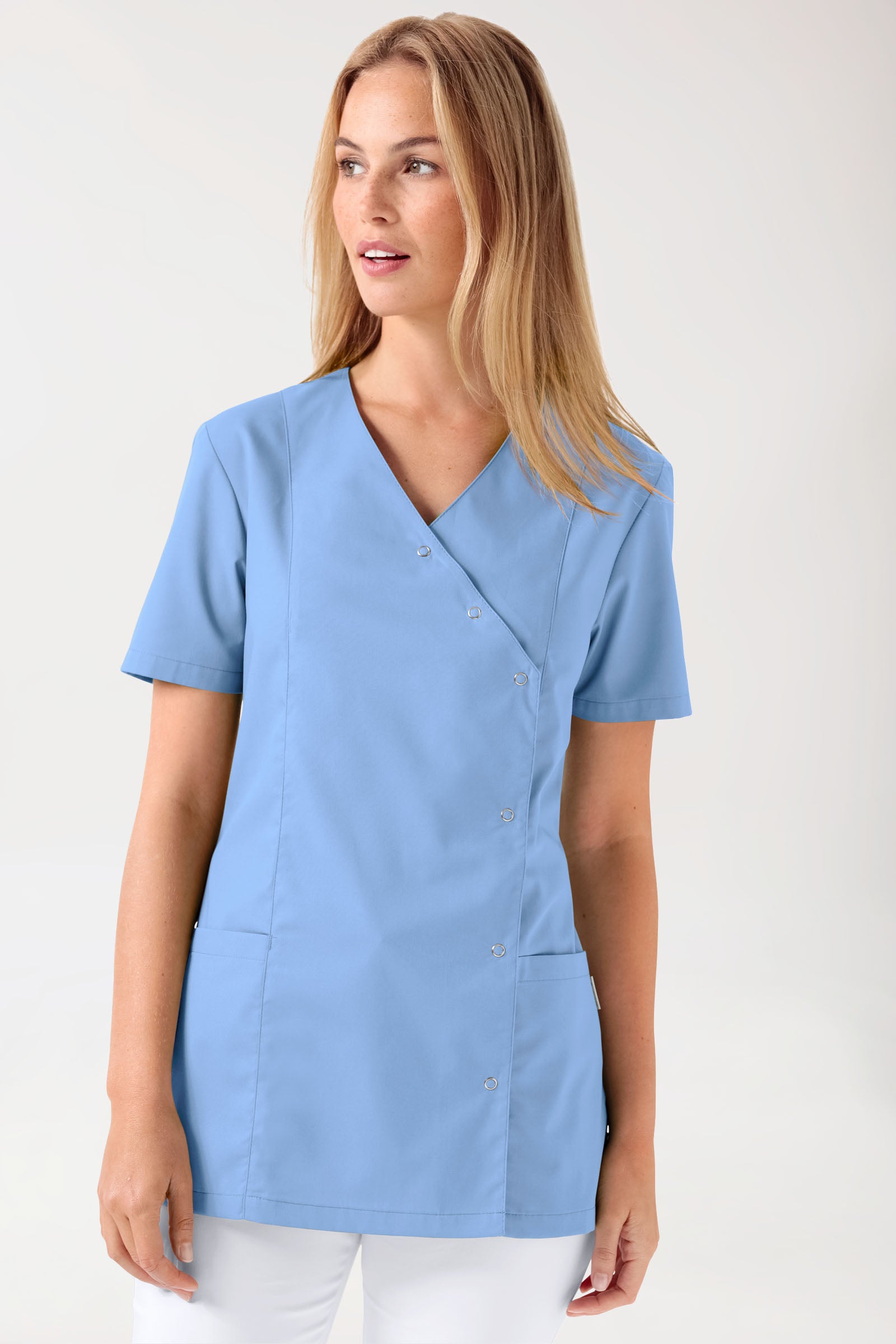 Stretch Kasack Damen - durchgeknöpft himmelblau