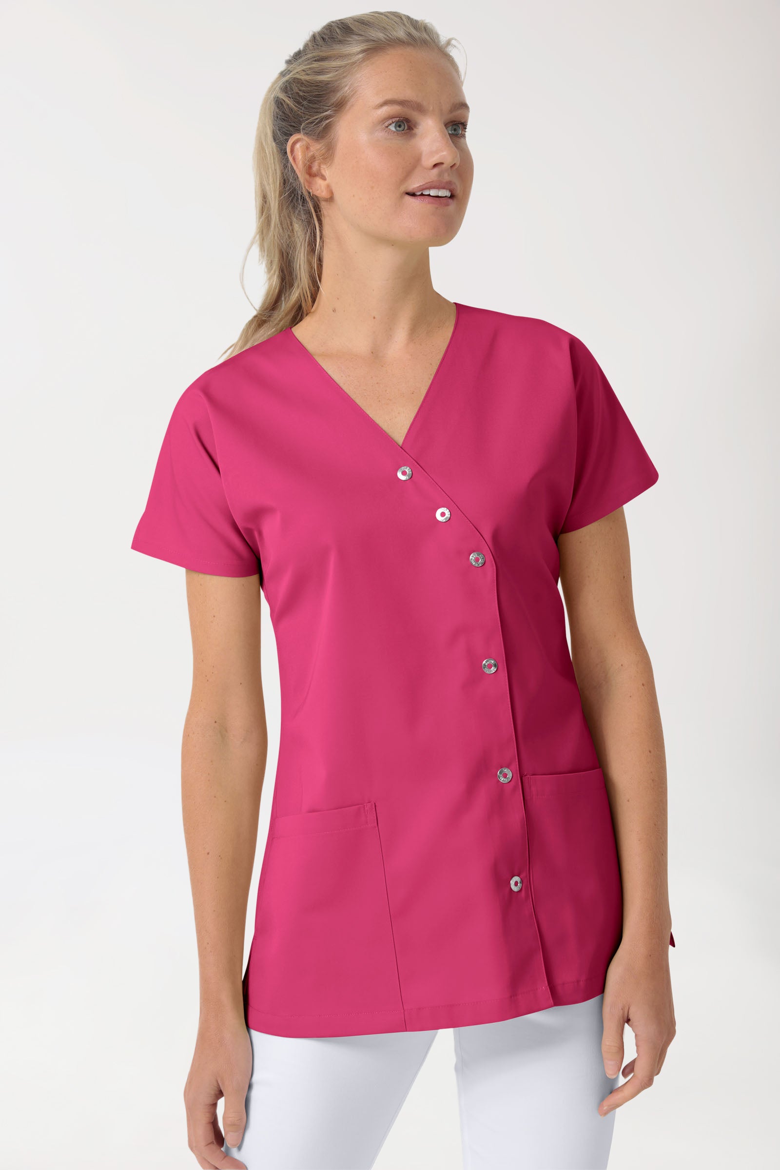 Beauty Kasack Damen - asymmetrische Druckknopfleiste pink, Vorderansicht