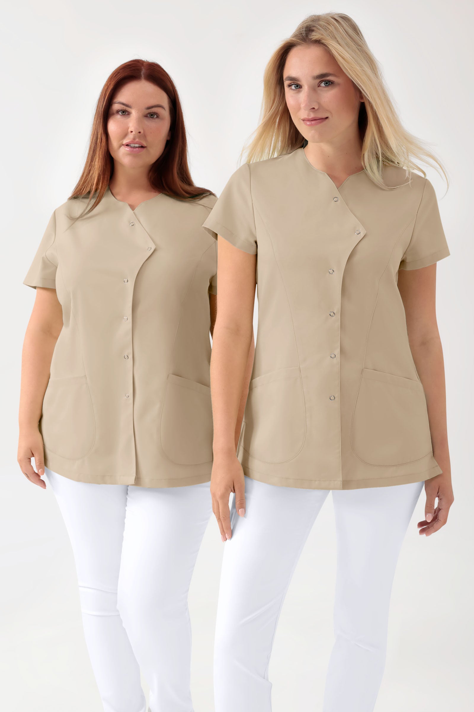 GREEN Stretch Kasack Damen - asymmetrische Druckknopfleiste sand, Vue de face