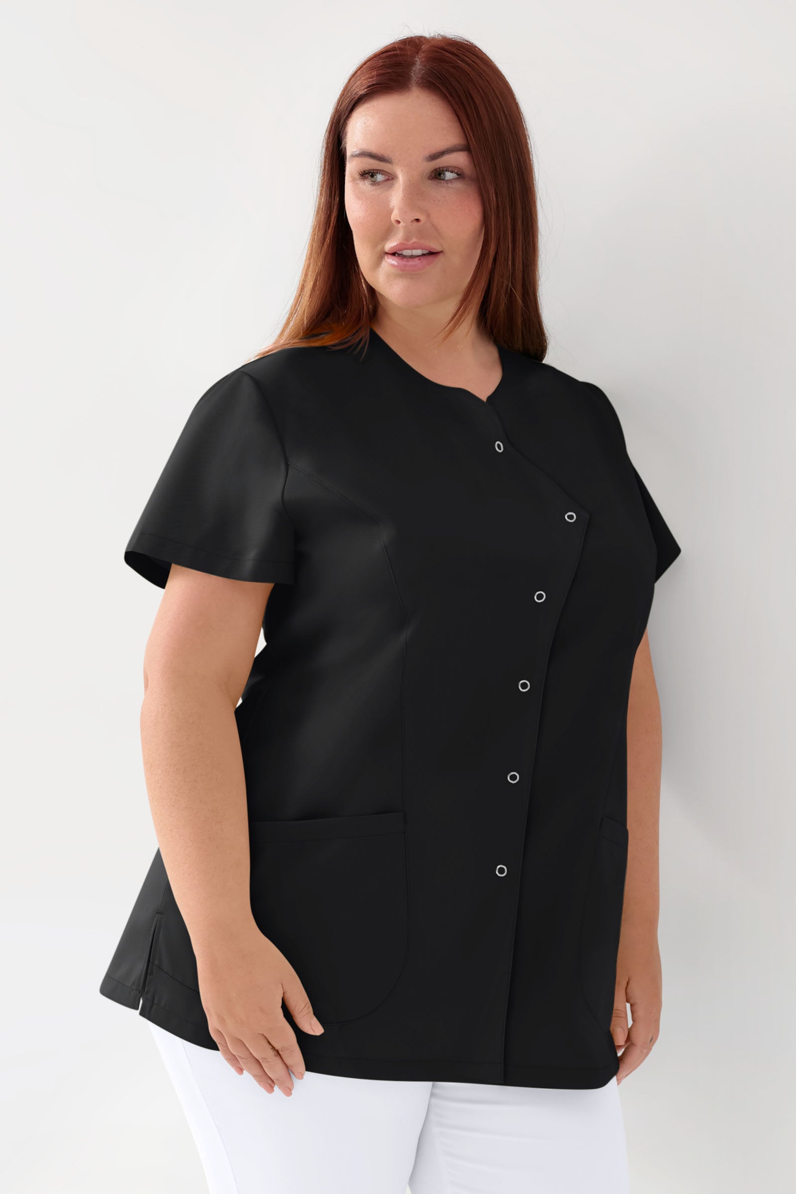 GREEN Stretch Kasack Damen - asymmetrische Druckknopfleiste schwarz