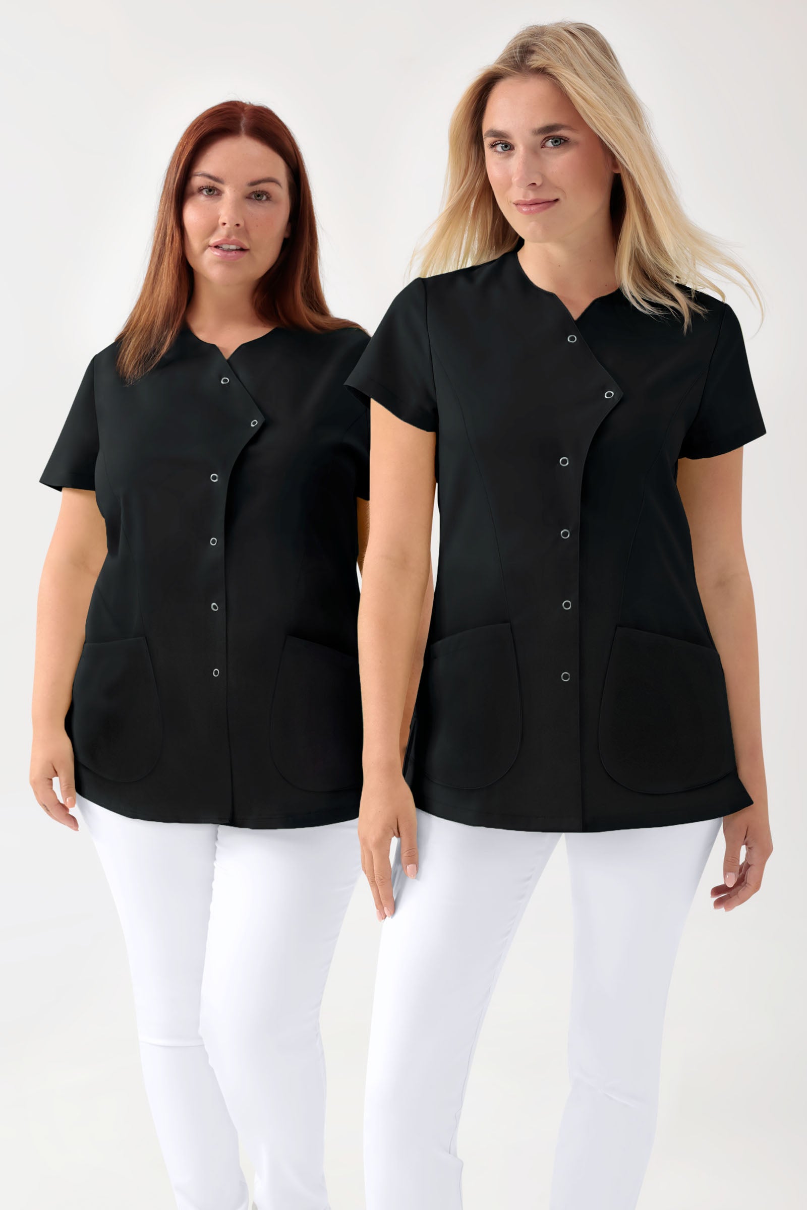 GREEN Stretch Kasack Damen - asymmetrische Druckknopfleiste schwarz, Vue de face