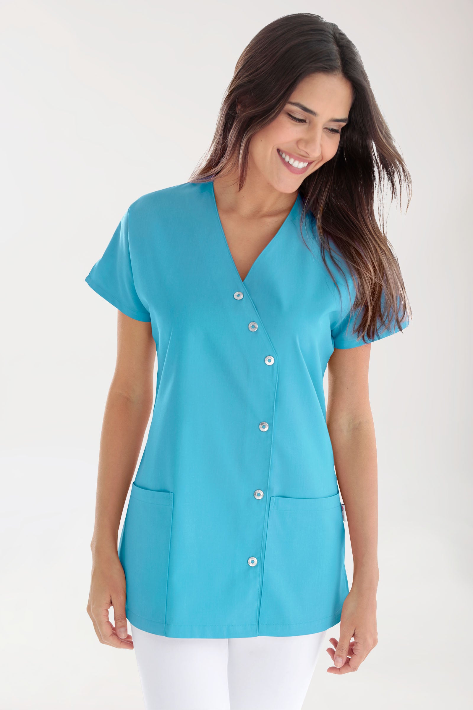 Beauty Kasack Damen - asymmetrische Druckknopfleiste türkis