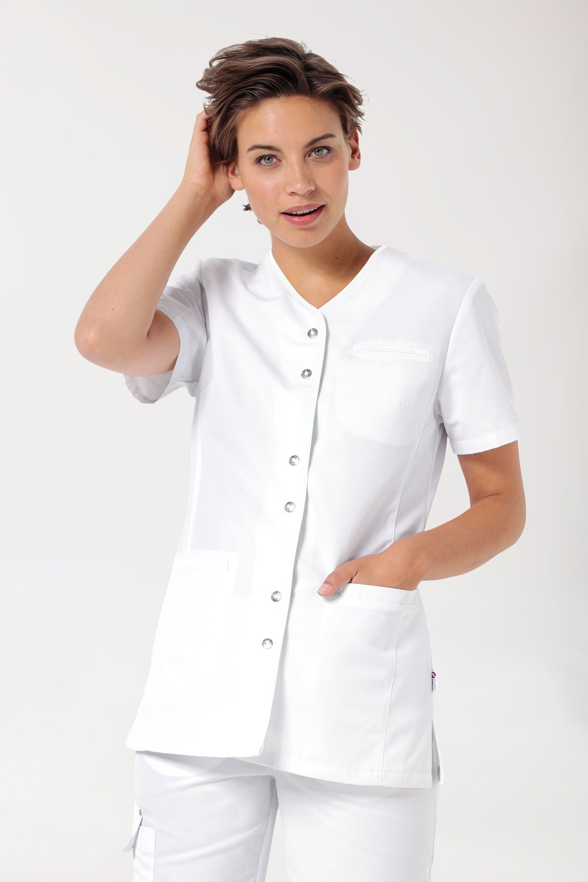 Beauty Kasack Damen - Druckknopfleiste weiss