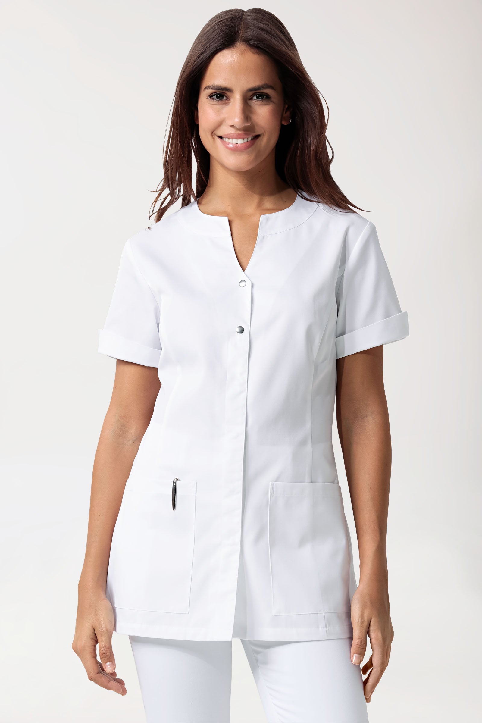 Beauty Kasack Damen - verdeckte Knopfleiste weiss