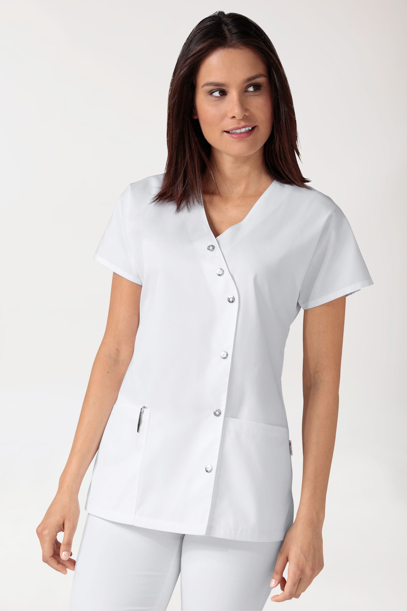 Beauty Kasack Damen - asymmetrische Druckknopfleiste weiss, Vorderansicht