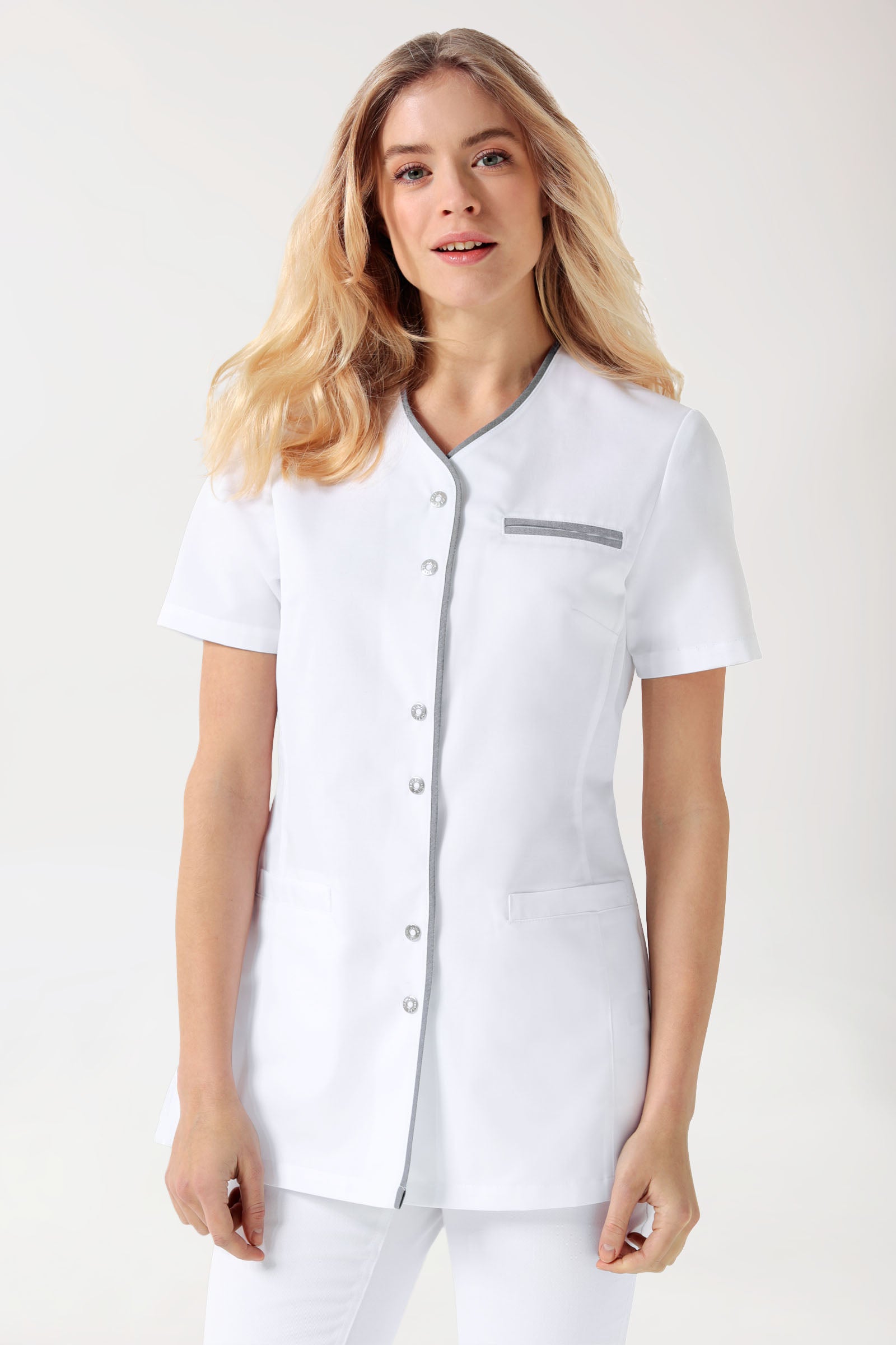 Beauty Kasack Damen - durchgeknöpft weiss/grau