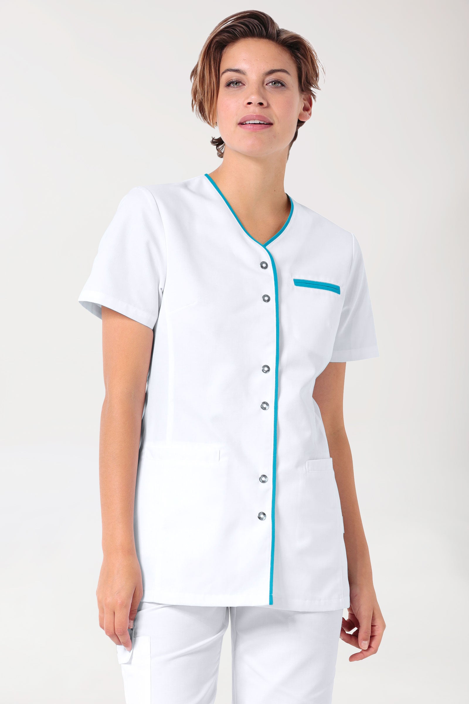 Beauty Kasack Damen - durchgeknöpft weiss/türkis, Vorderansicht