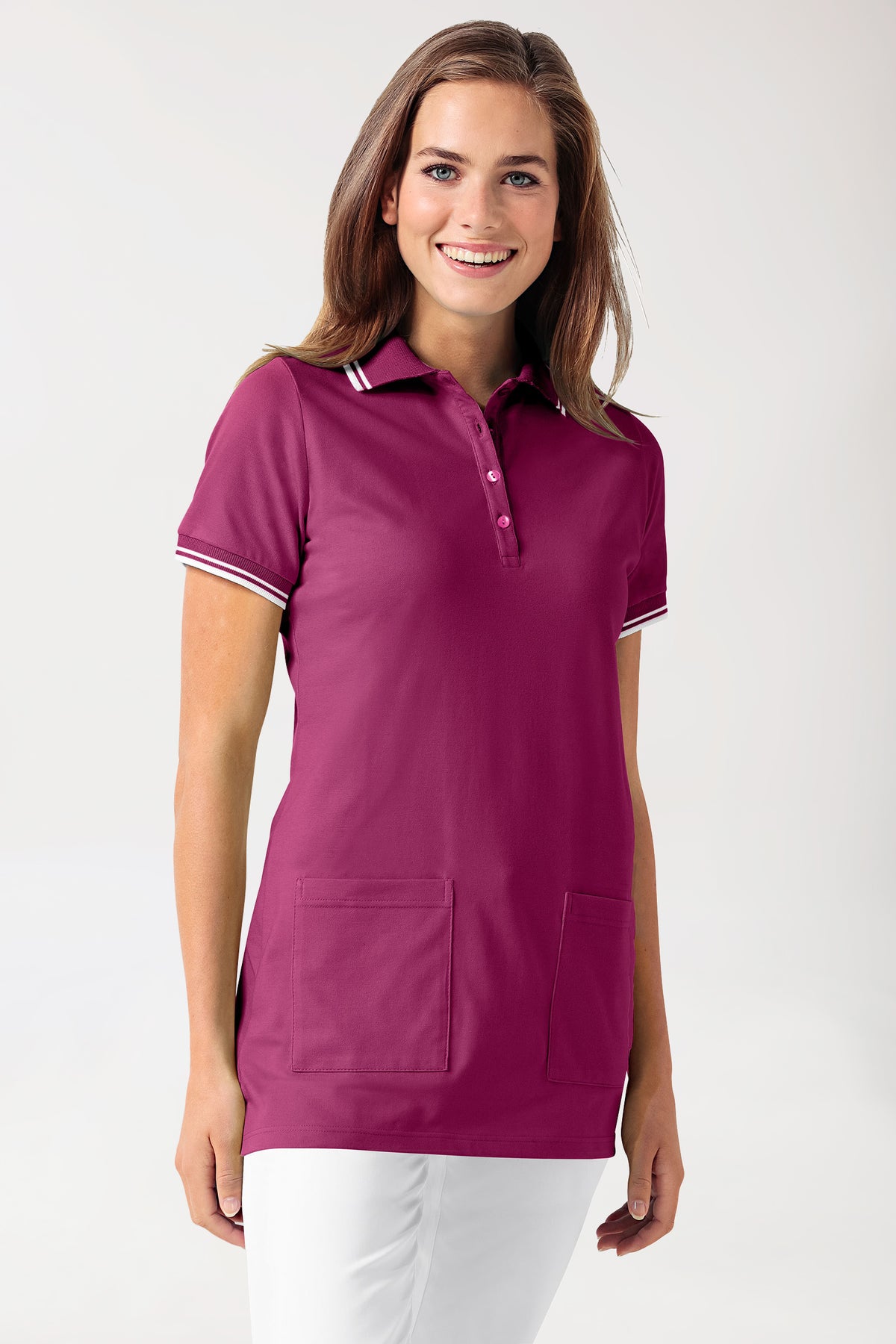 Piqué Longshirt Damen - Polokragen berry/weiss, Vorderansicht