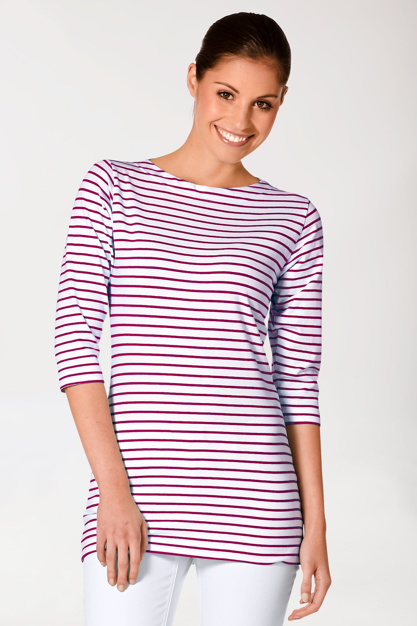 Longshirt Damen - 3/4 Arm bordeaux/weiss