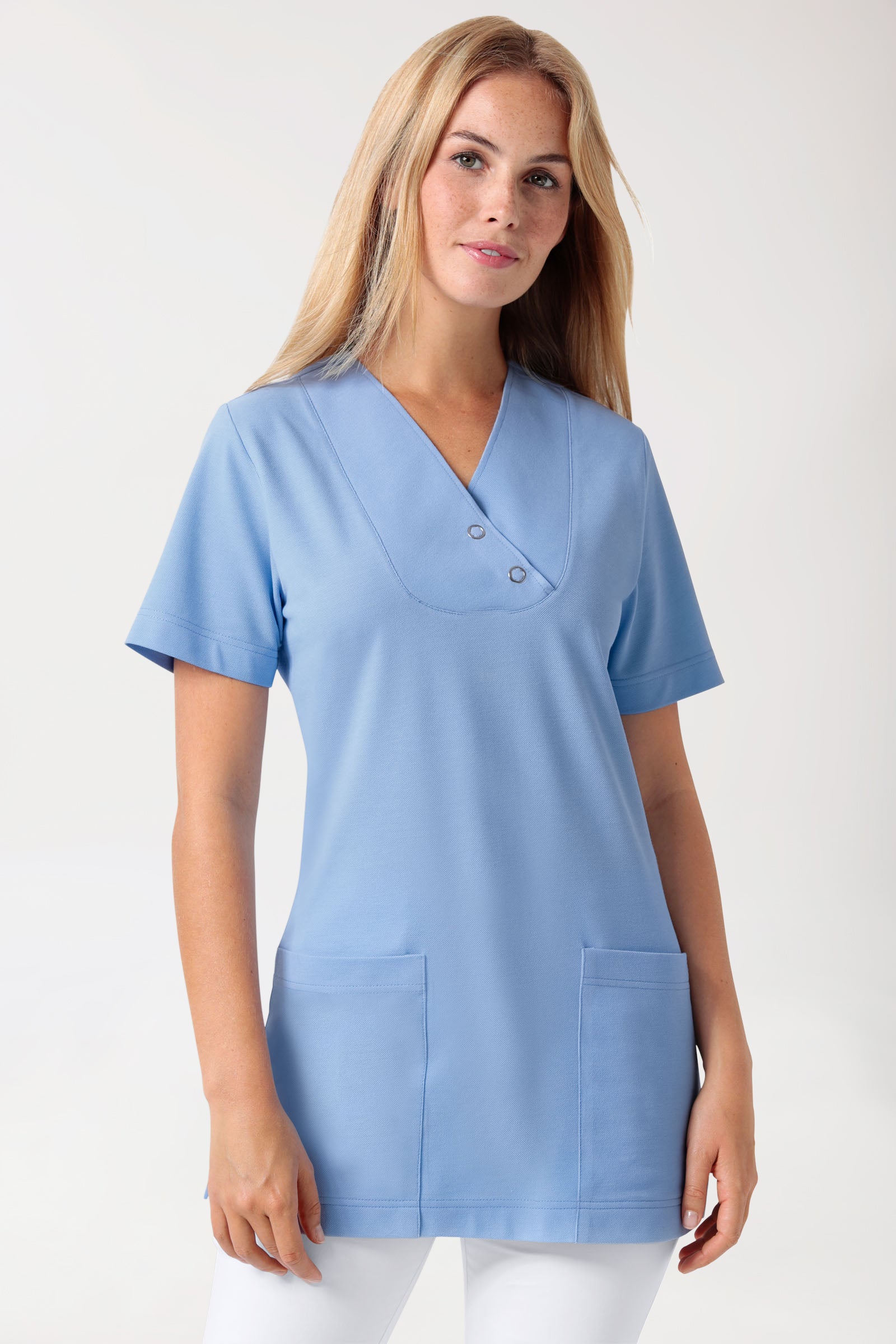 Piqué Longshirt Damen - V-Ausschnitt himmelblau, Vue de face