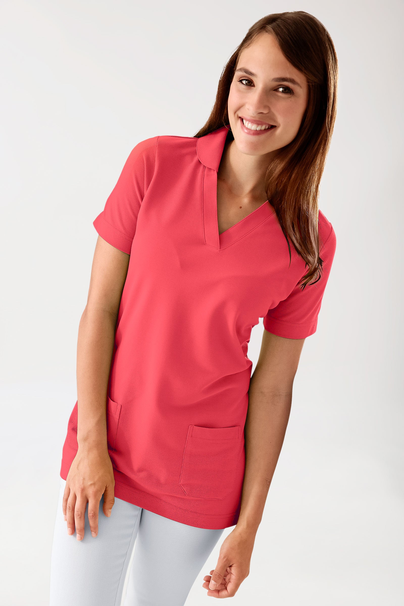 Piqué Longshirt Damen - mit Kragen lipstick, Vorderansicht