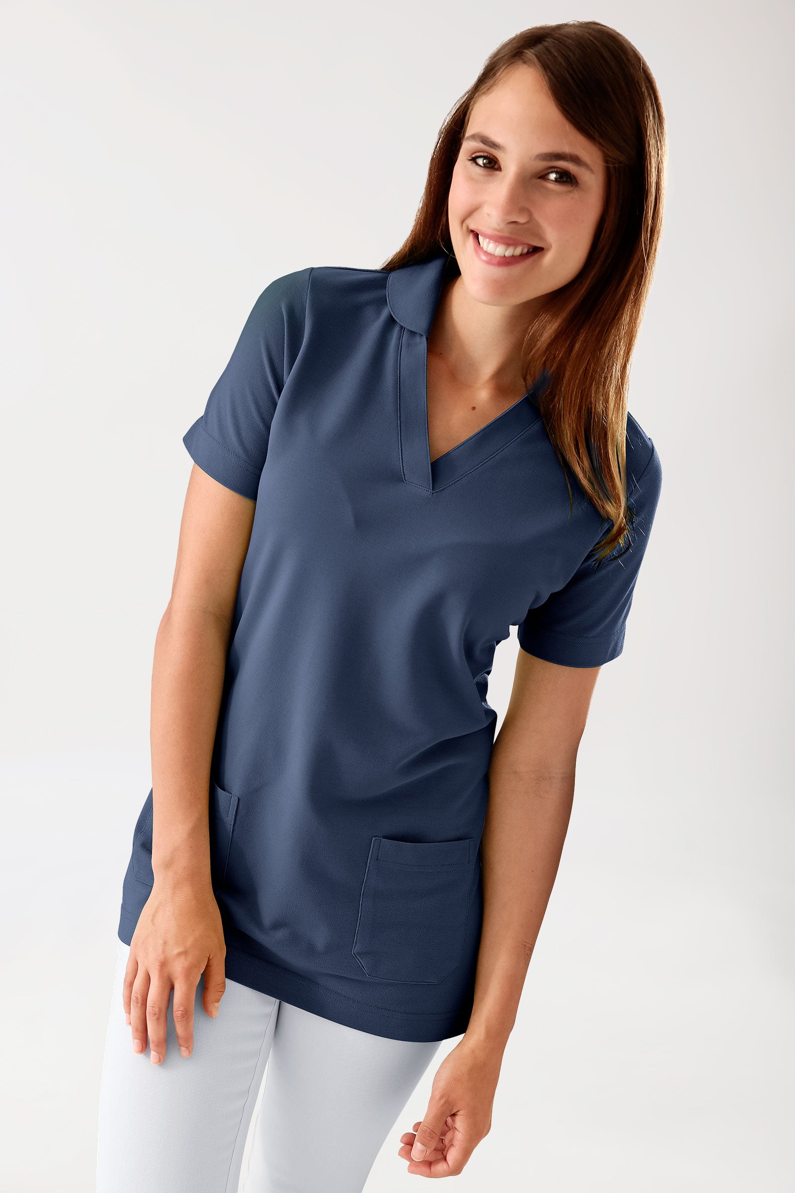 Piqué Longshirt Damen - mit Kragen navy