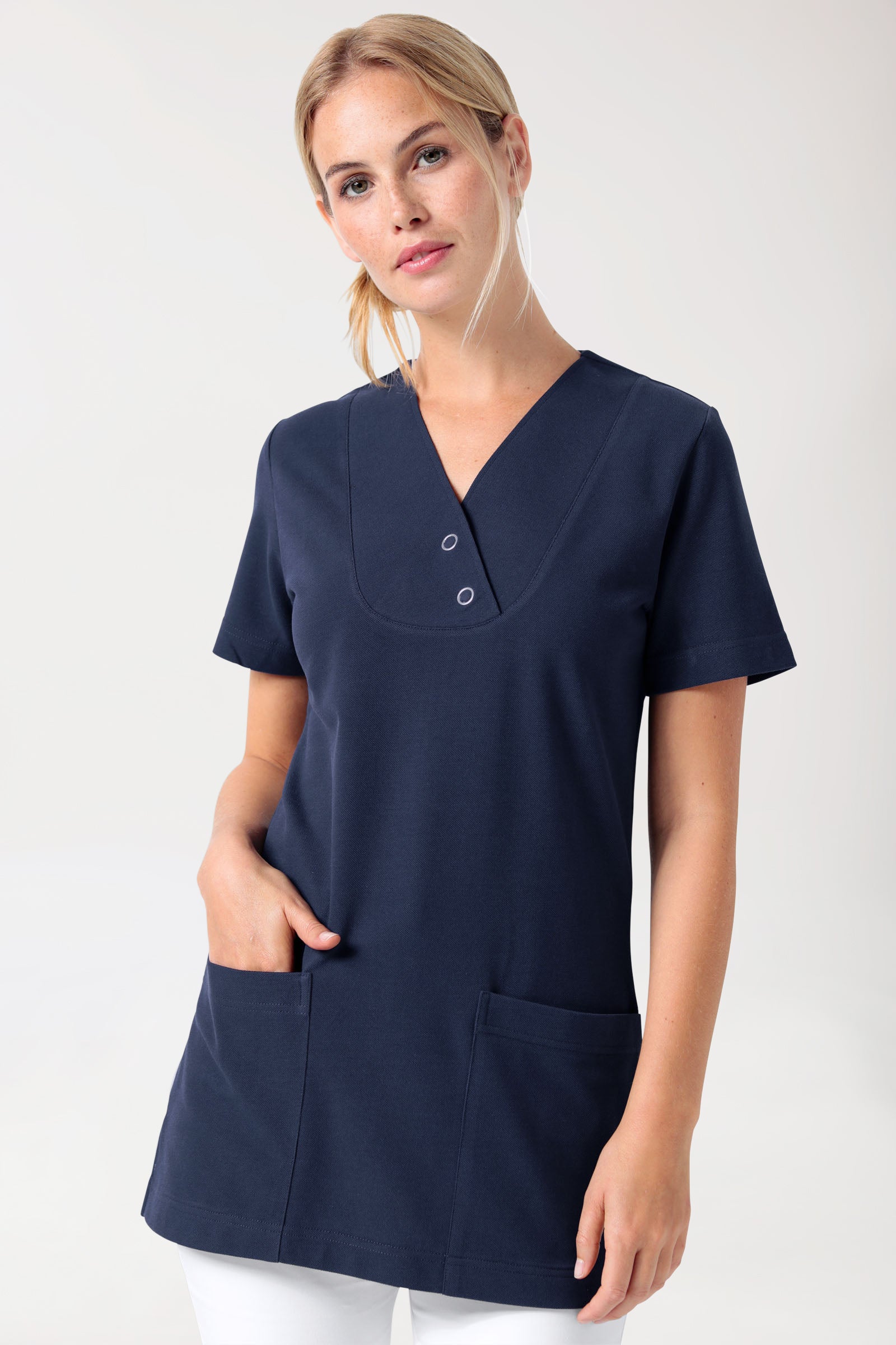 Piqué Longshirt Damen - V-Ausschnitt navy