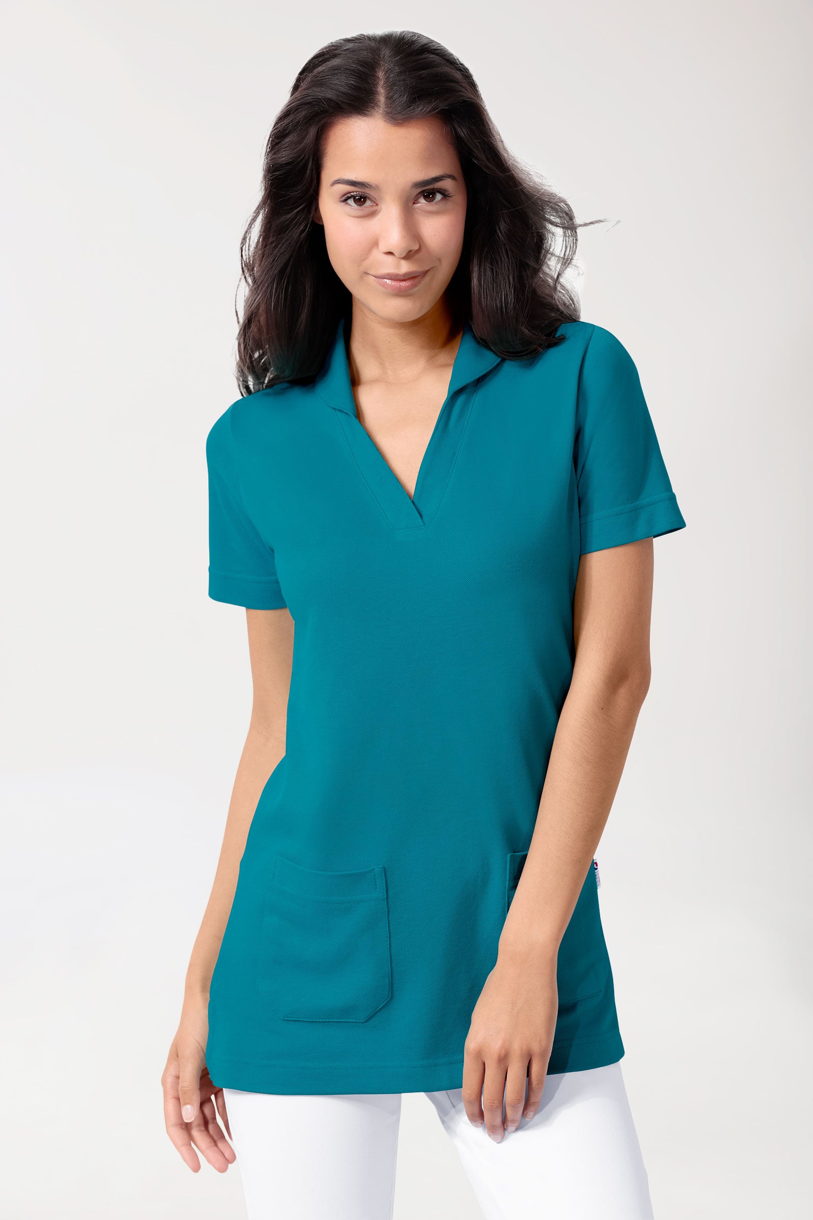 Piqué Longshirt Damen - mit Kragen petrol, Vue de face