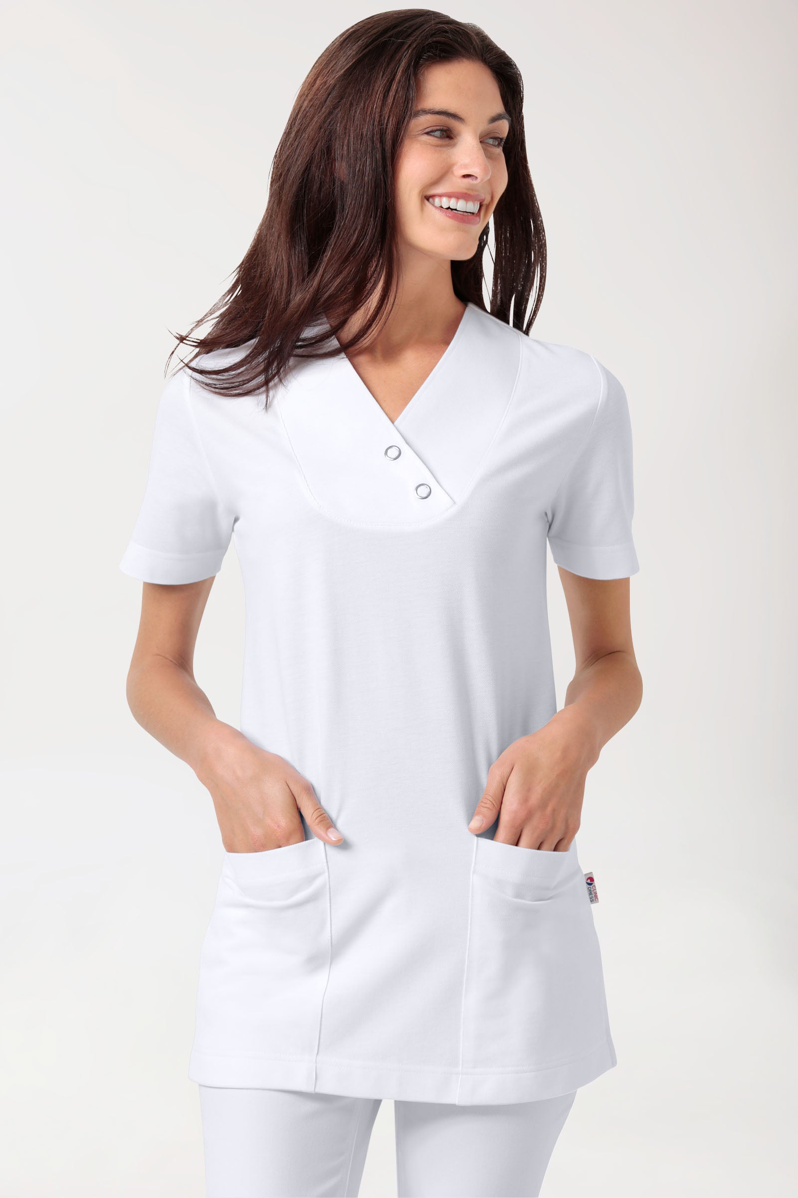 Piqué Longshirt Damen - V-Ausschnitt weiss, Vue de face