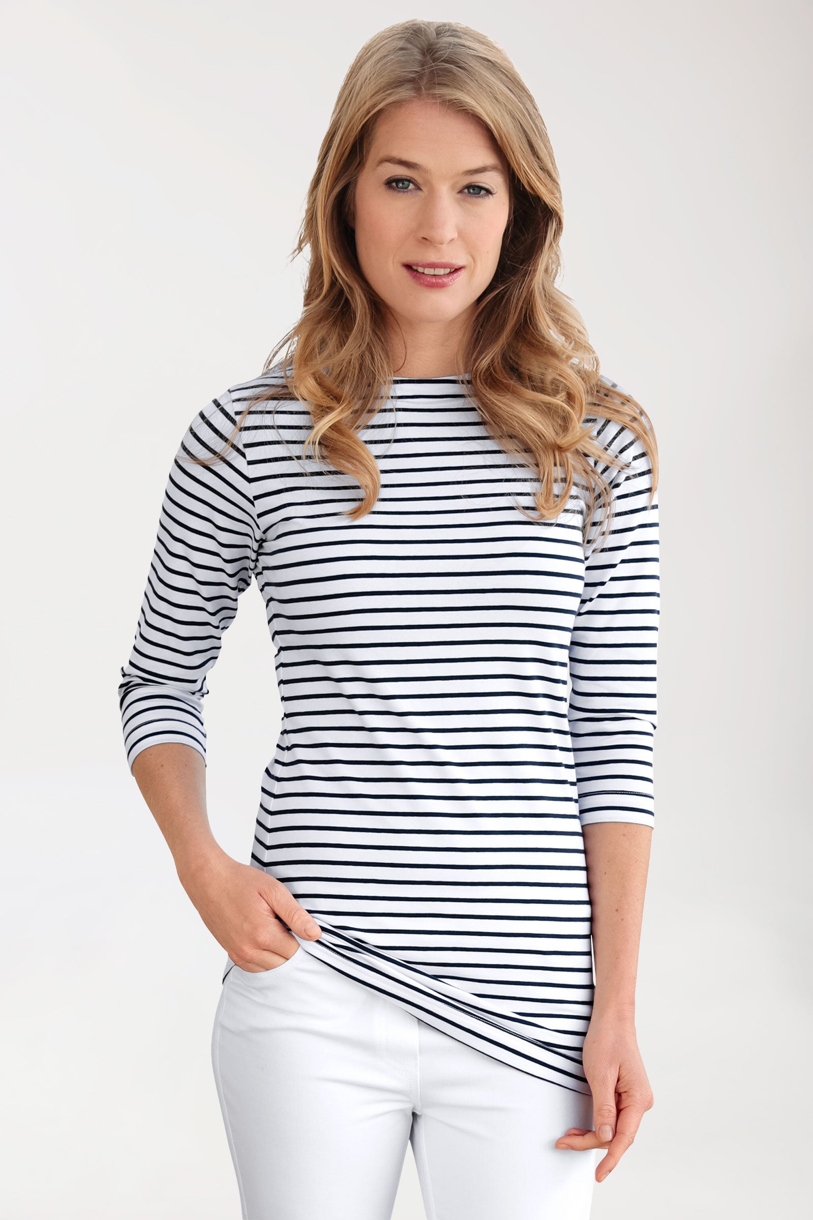 Longshirt Damen - 3/4 Arm weiss/navy, Vorderansicht