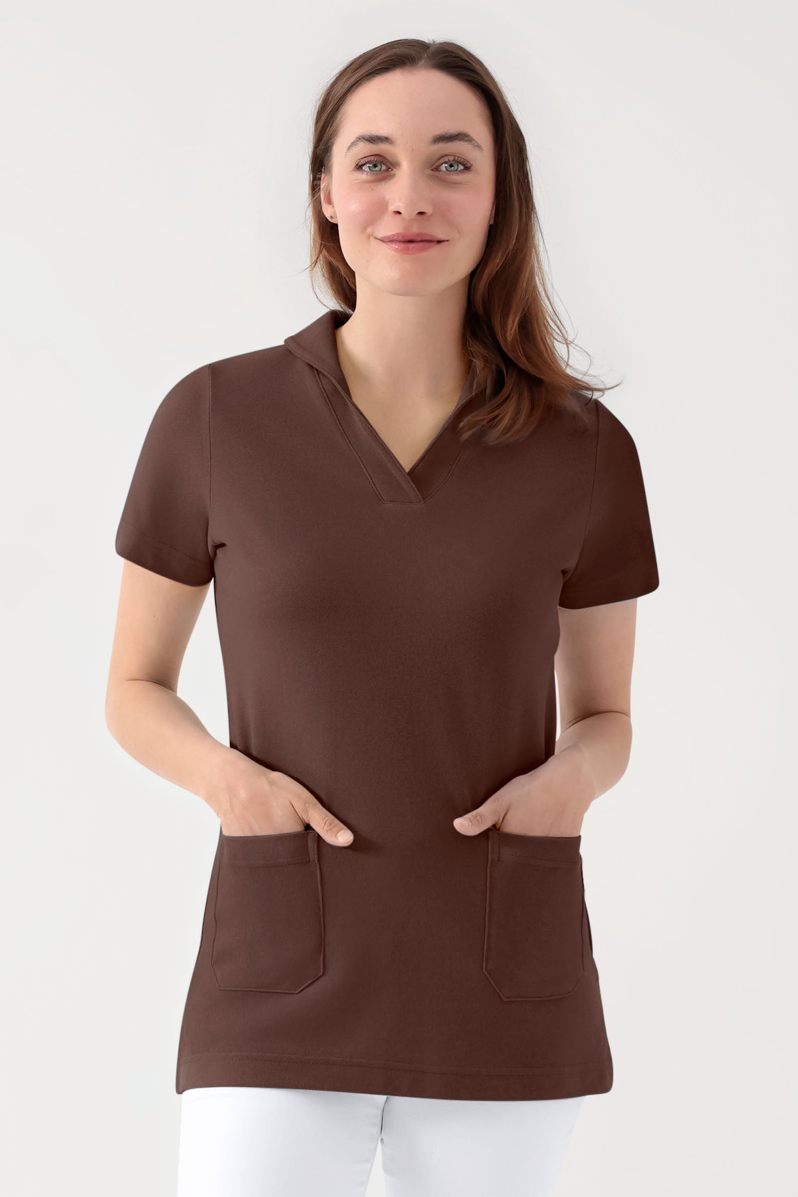 COMFY FLEX Stretch Schlupfkasack Damen - Schalkragen coffee, Vorderansicht