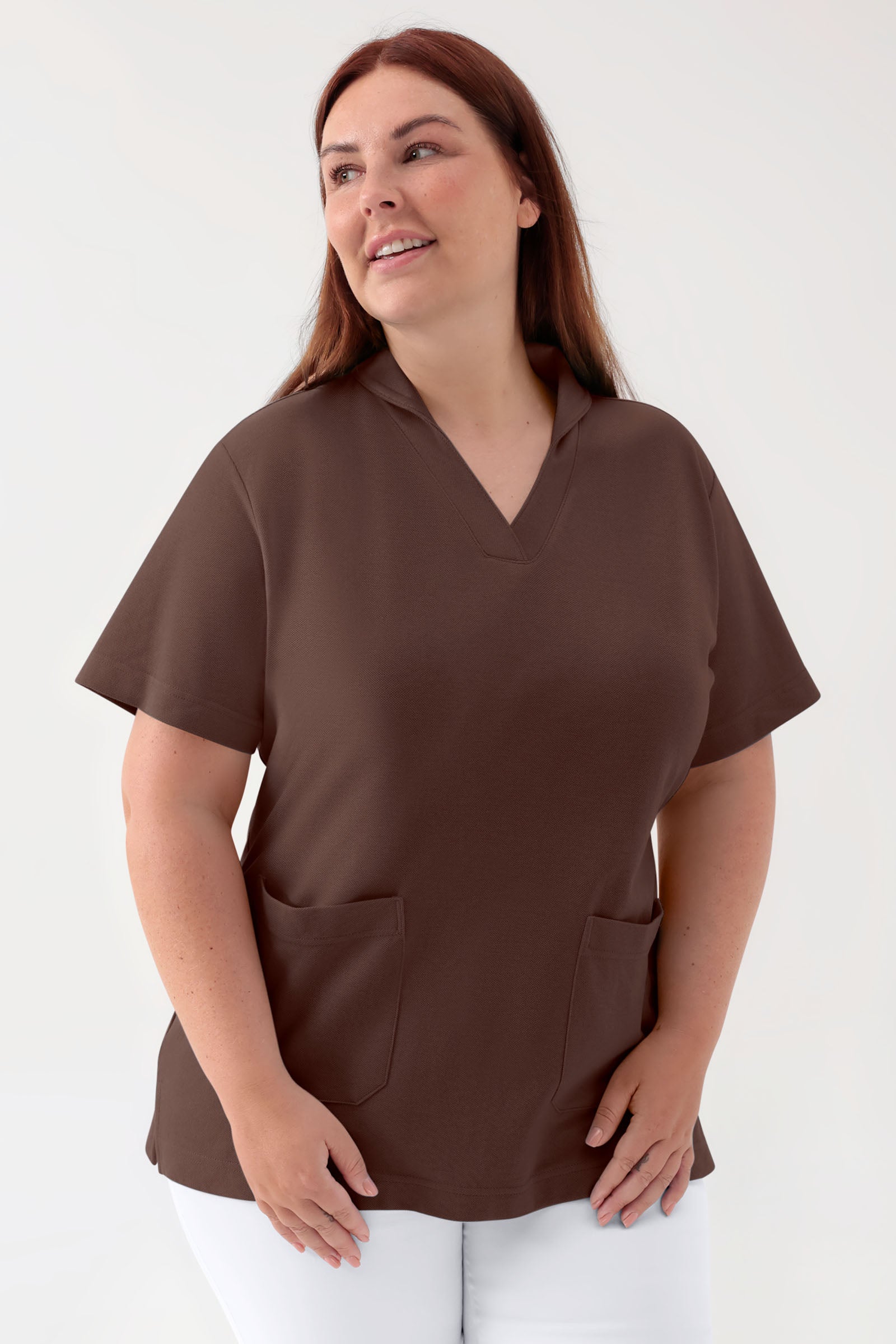 COMFY FLEX Stretch Schlupfkasack Damen - Schalkragen coffee, Vorderansicht