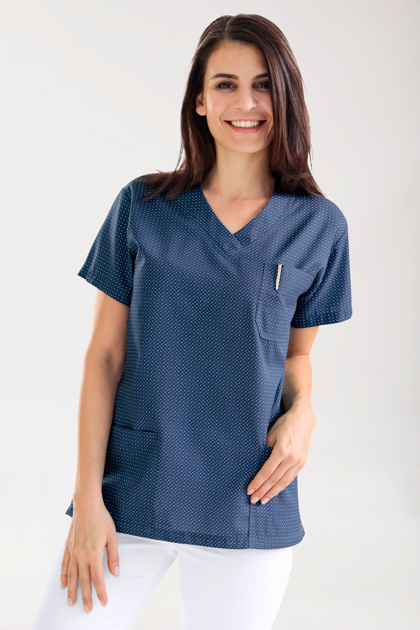 Leichter Schlupfkasack Damen - Alloverprint navy/petrolblau, Vue de face
