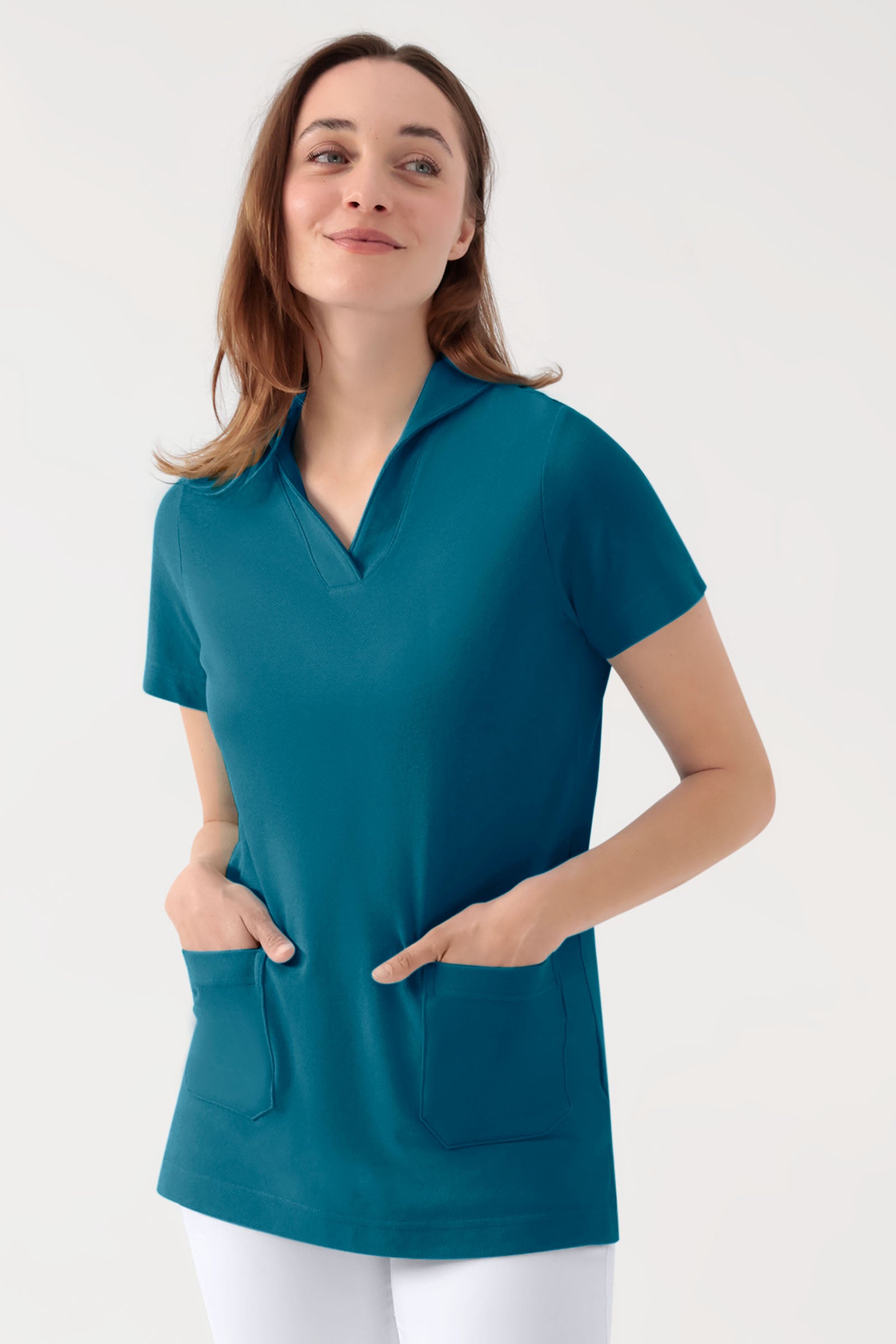 COMFY FLEX Stretch Schlupfkasack Damen - Schalkragen petrol, Vorderansicht