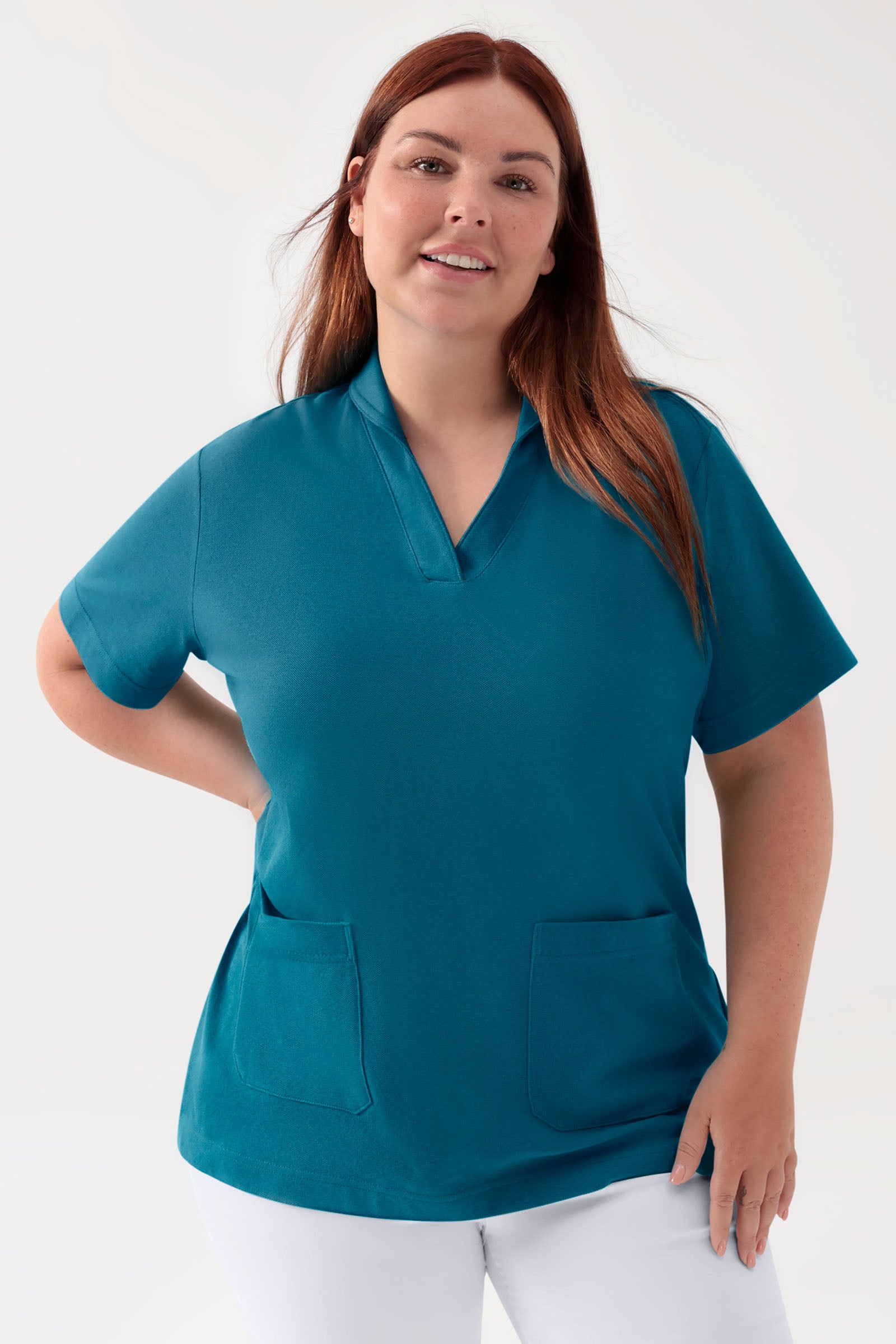 COMFY FLEX Stretch Schlupfkasack Damen - Schalkragen petrol, Vorderansicht