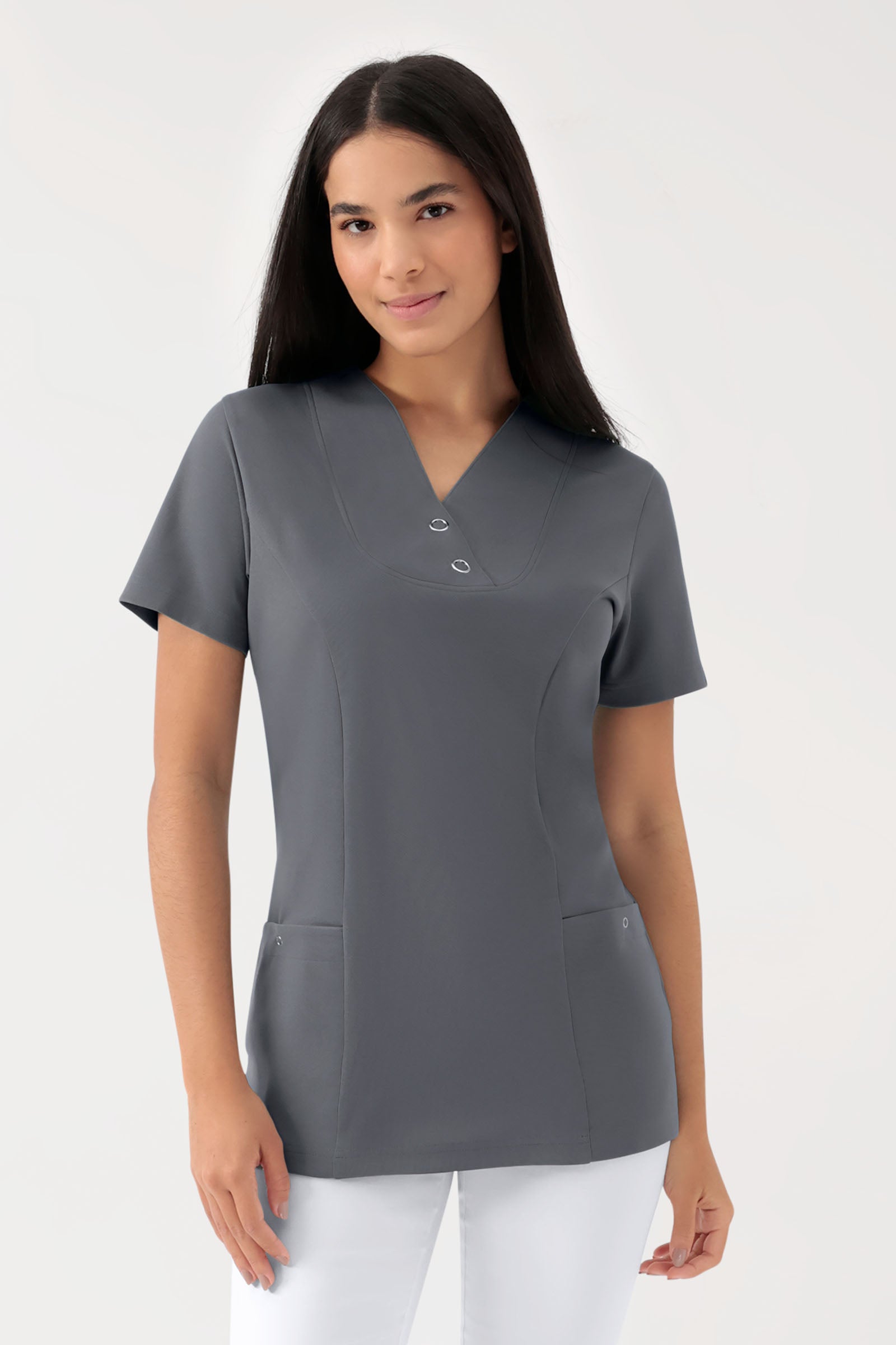 COMFY FLEX Stretch Schlupfkasack Damen - mit Druckknöpfen steingrau, Vue de face