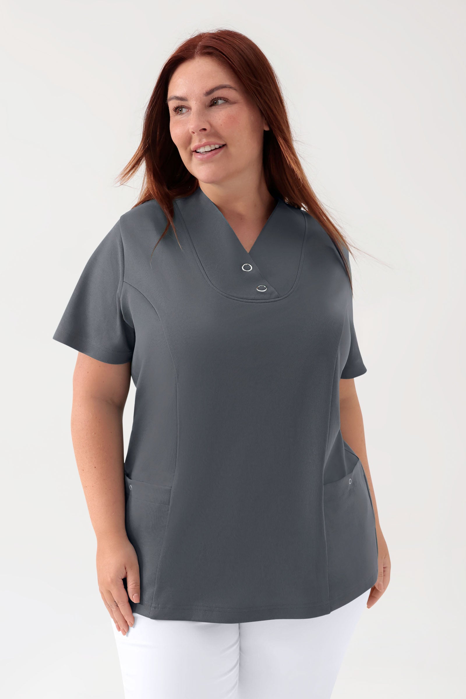 COMFY FLEX Stretch Schlupfkasack Damen - mit Druckknöpfen steingrau, Vue de face