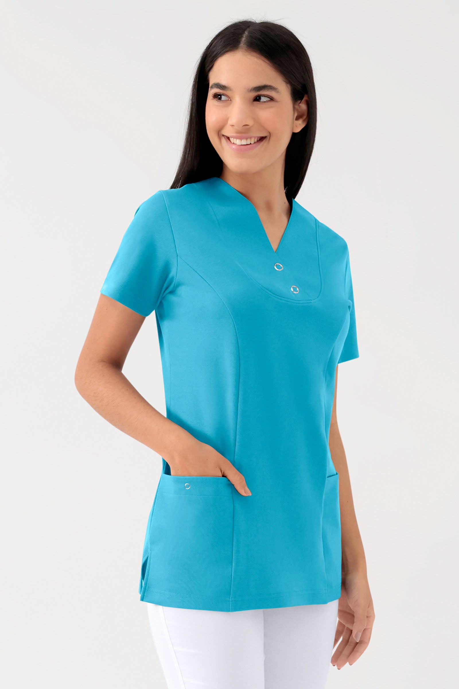 COMFY FLEX Stretch Schlupfkasack Damen - mit Druckknöpfen türkis, Vue de face