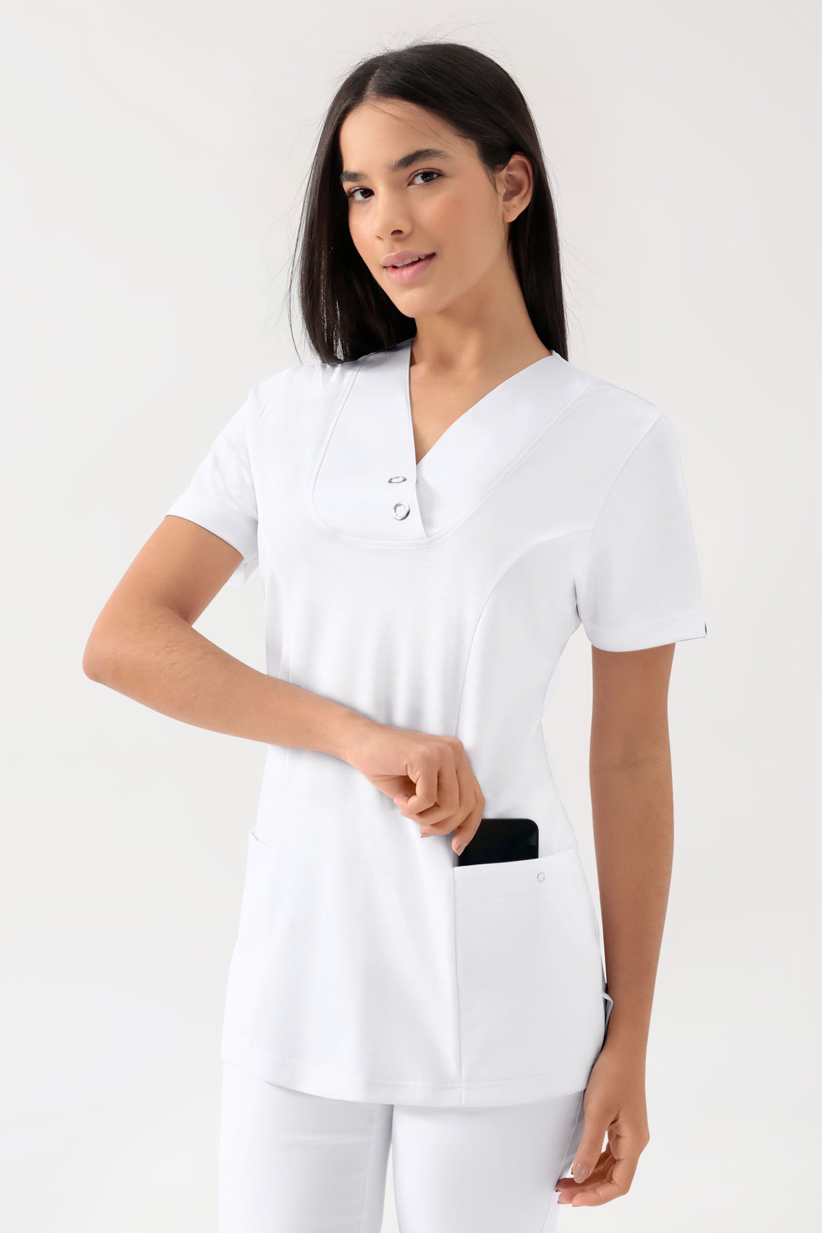 COMFY FLEX Stretch Schlupfkasack Damen - mit Druckknöpfen weiss, Vue de face