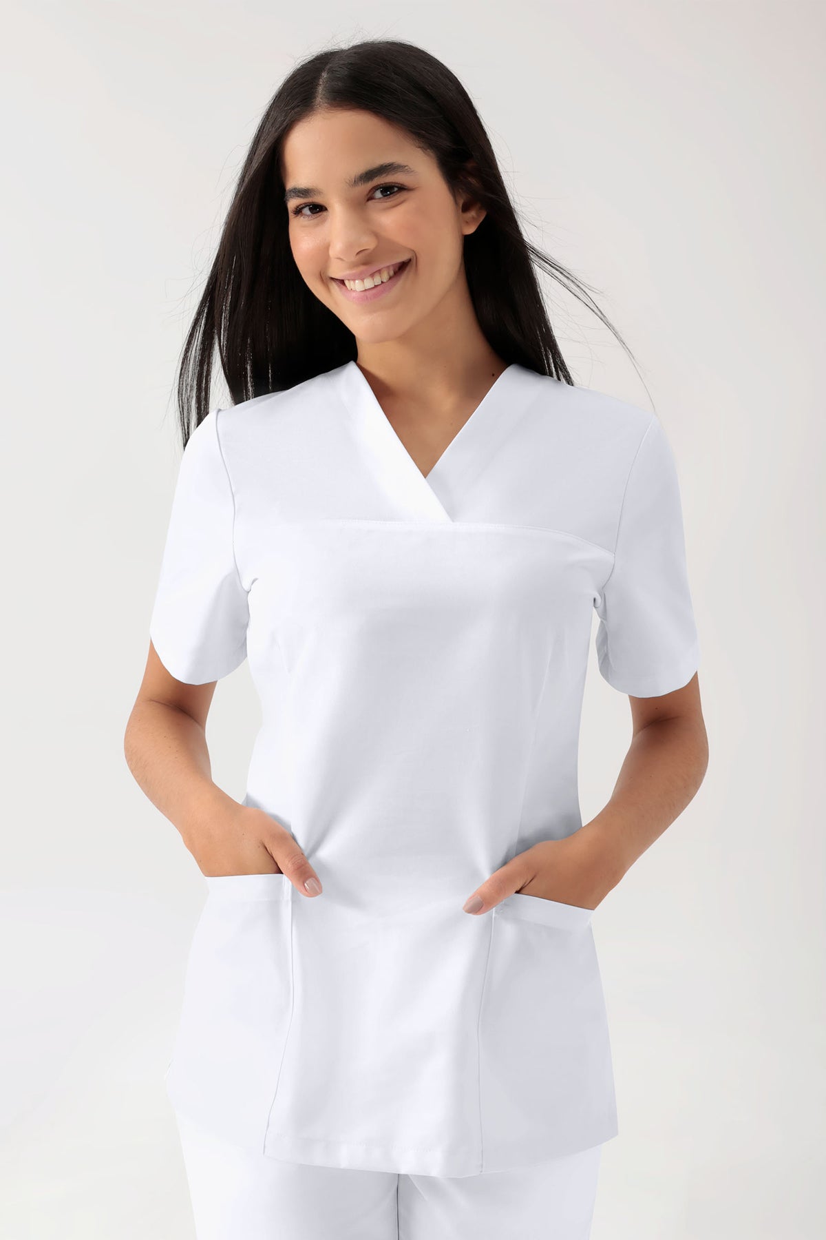 Stretch Schlupfkasack Damen - V-Ausschnitt weiss
