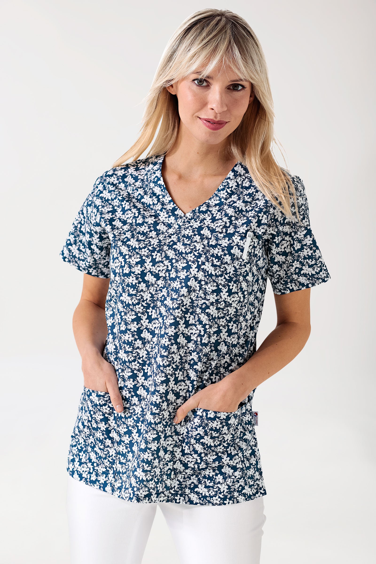 Leichter Schlupfkasack Damen - Alloverprint weiss/blau/grau, Vorderansicht