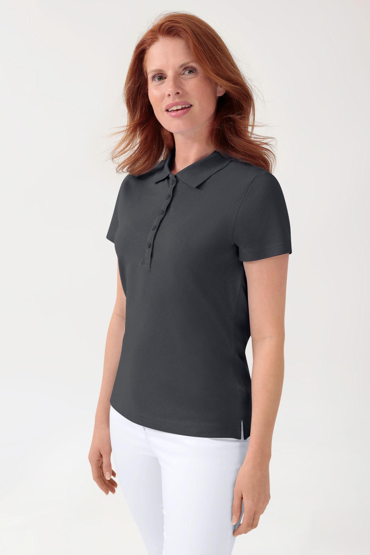 Stretch Shirt Damen - Polokragen erzgrau, Vorderansicht