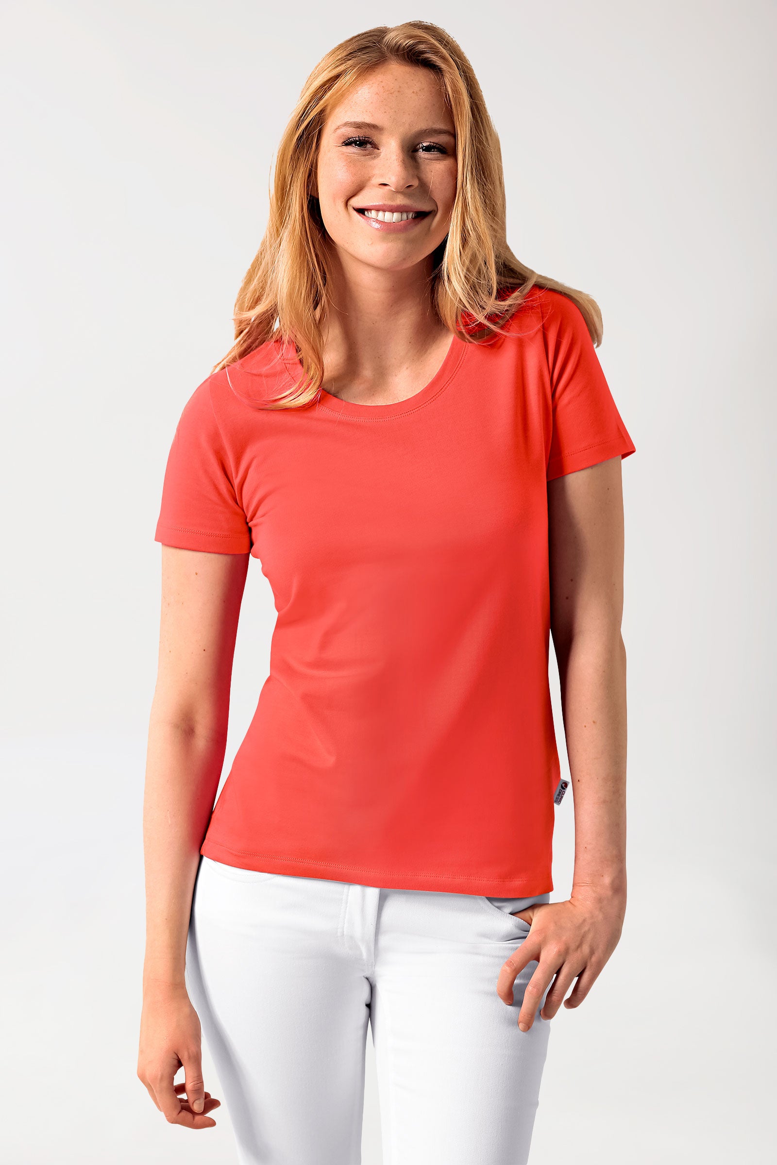 Longshirt Damen Mandarinrot 1/2-Arm, Vorderansicht