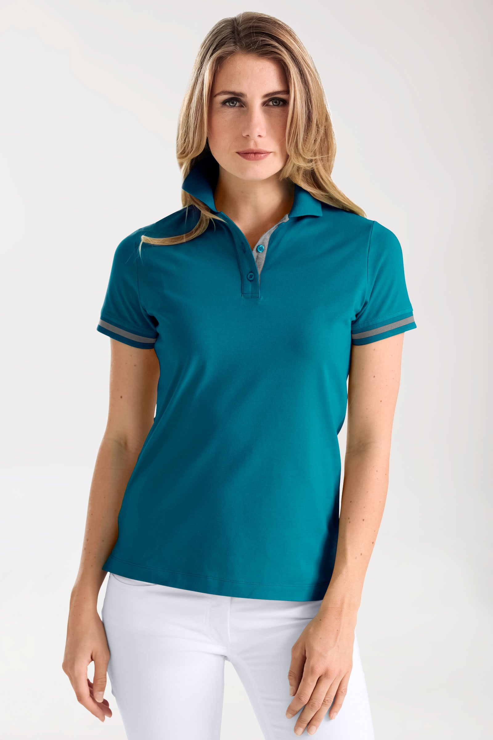 Stretch Shirt Damen - Polokragen petrol/dunkelgrau melange, Vorderansicht