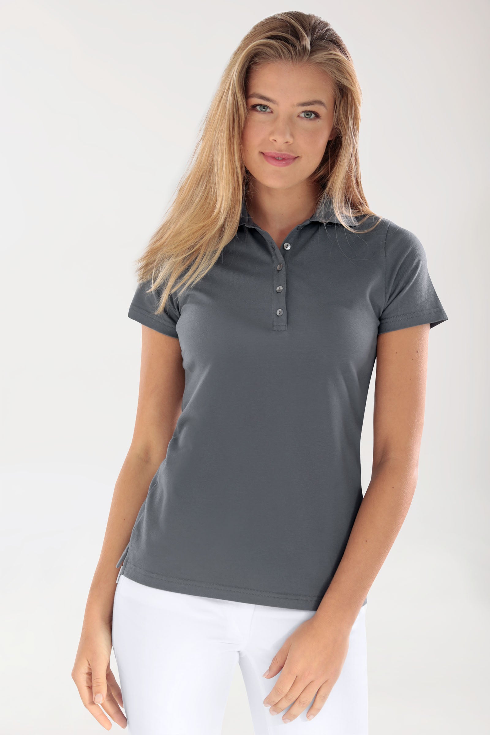Stretch Shirt Damen - Polokragen steingrau, Vorderansicht