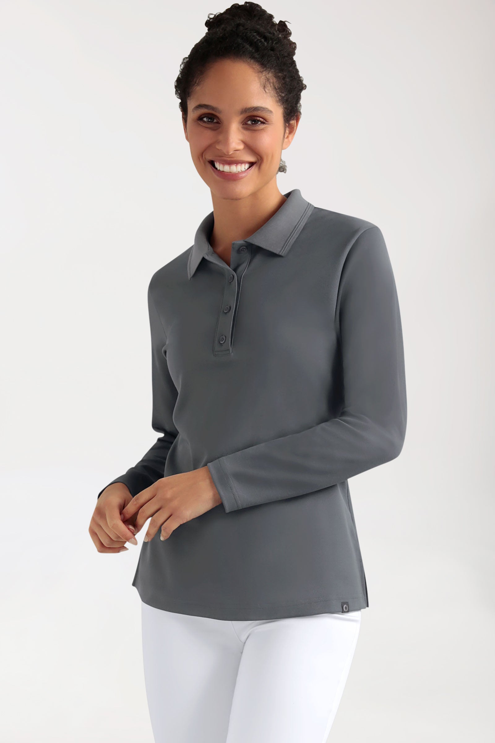 COMFY FLEX Stretch Longsleeve Damen - Polokragen steingrau, Vorderansicht