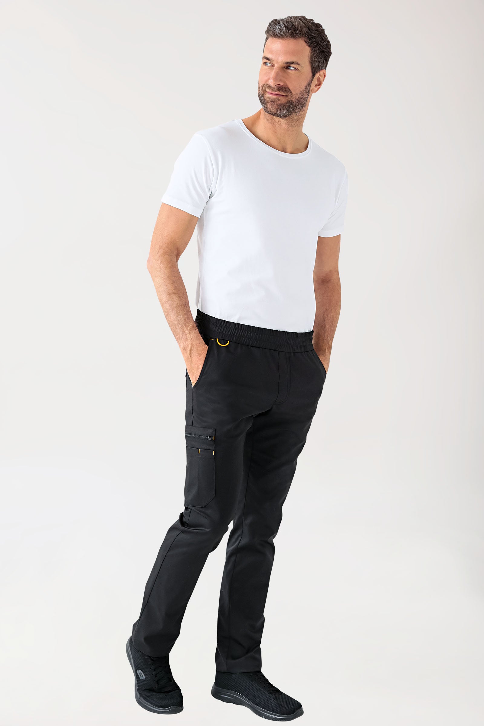 CLINIC STRETCH Hose Herren - gerader Saum schwarz/gelb, Vorderansicht