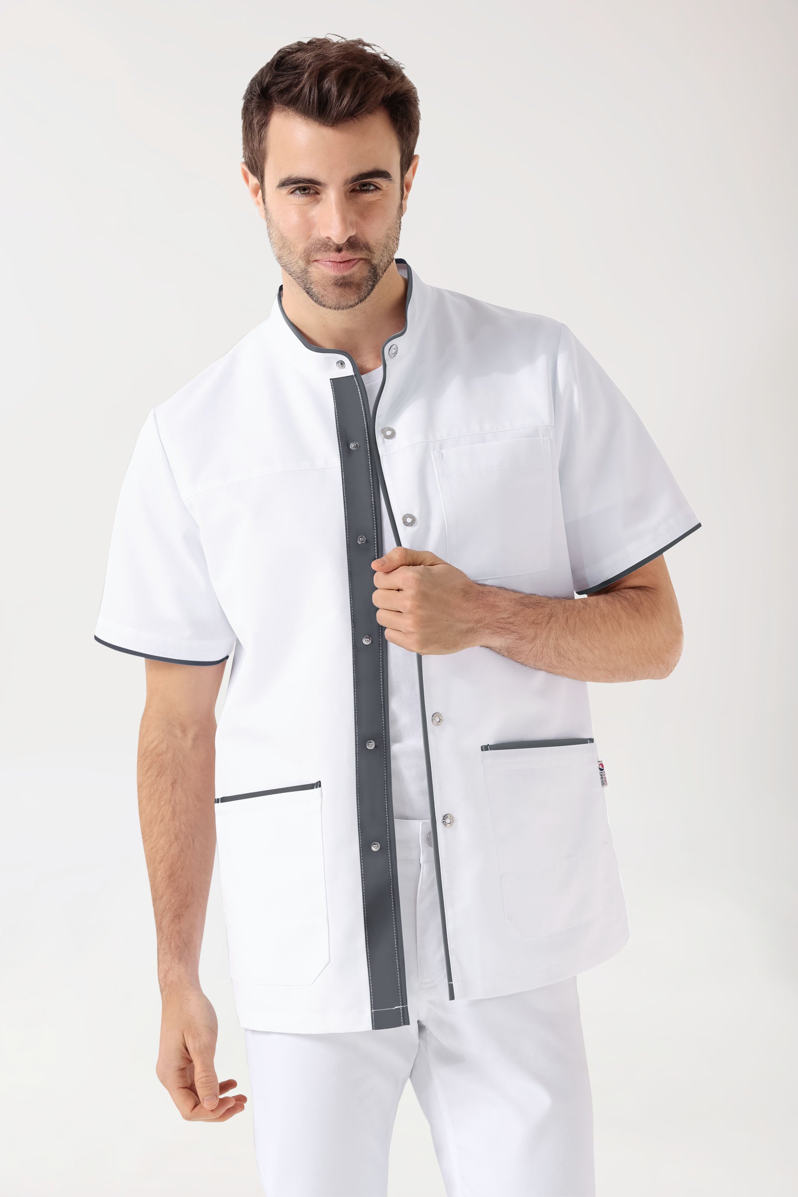 Beauty Kasack Herren - durchgeknöpft weiss/anthrazit