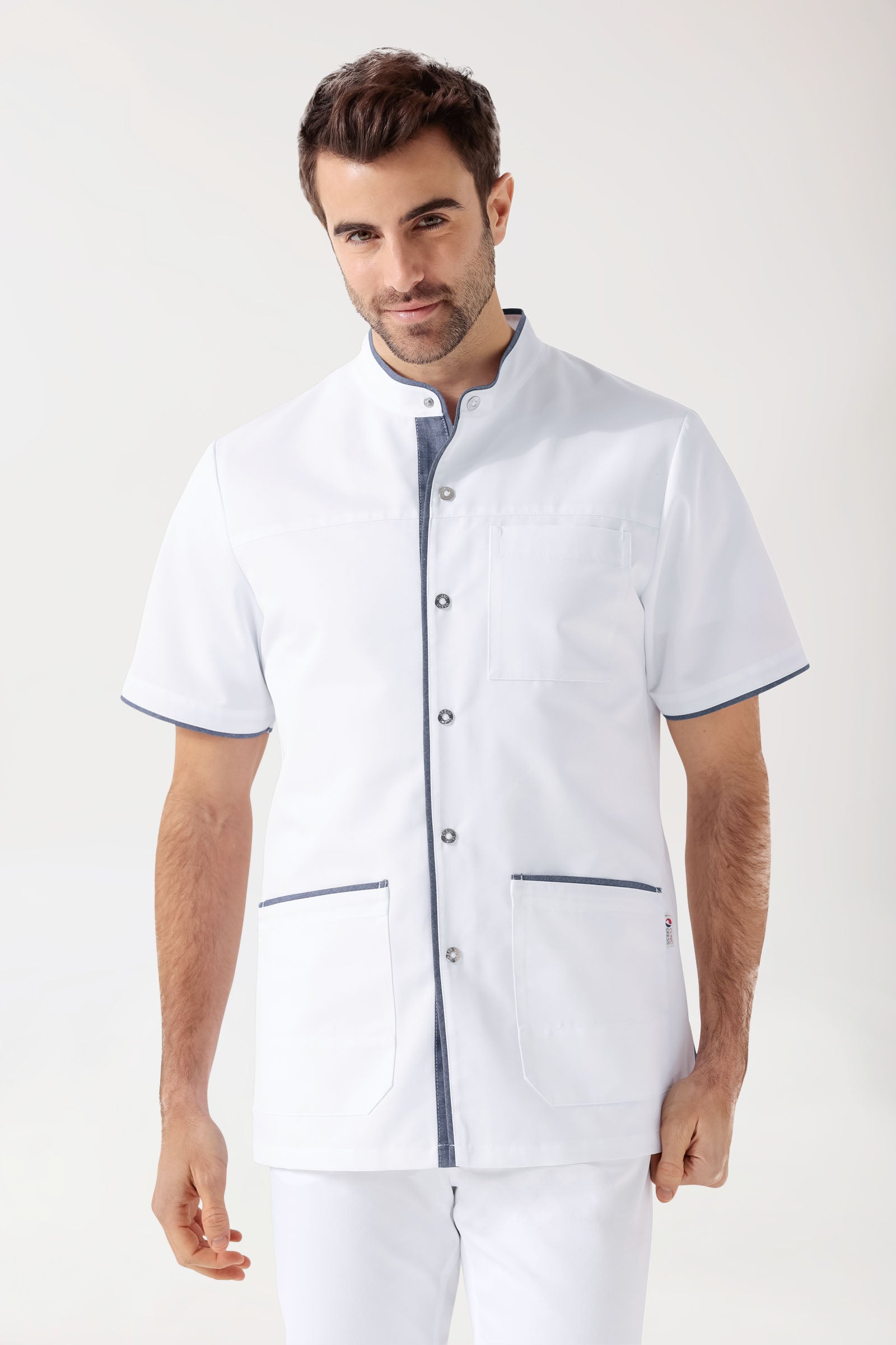 Beauty Kasack Herren - durchgeknöpft weiss/jeansblau