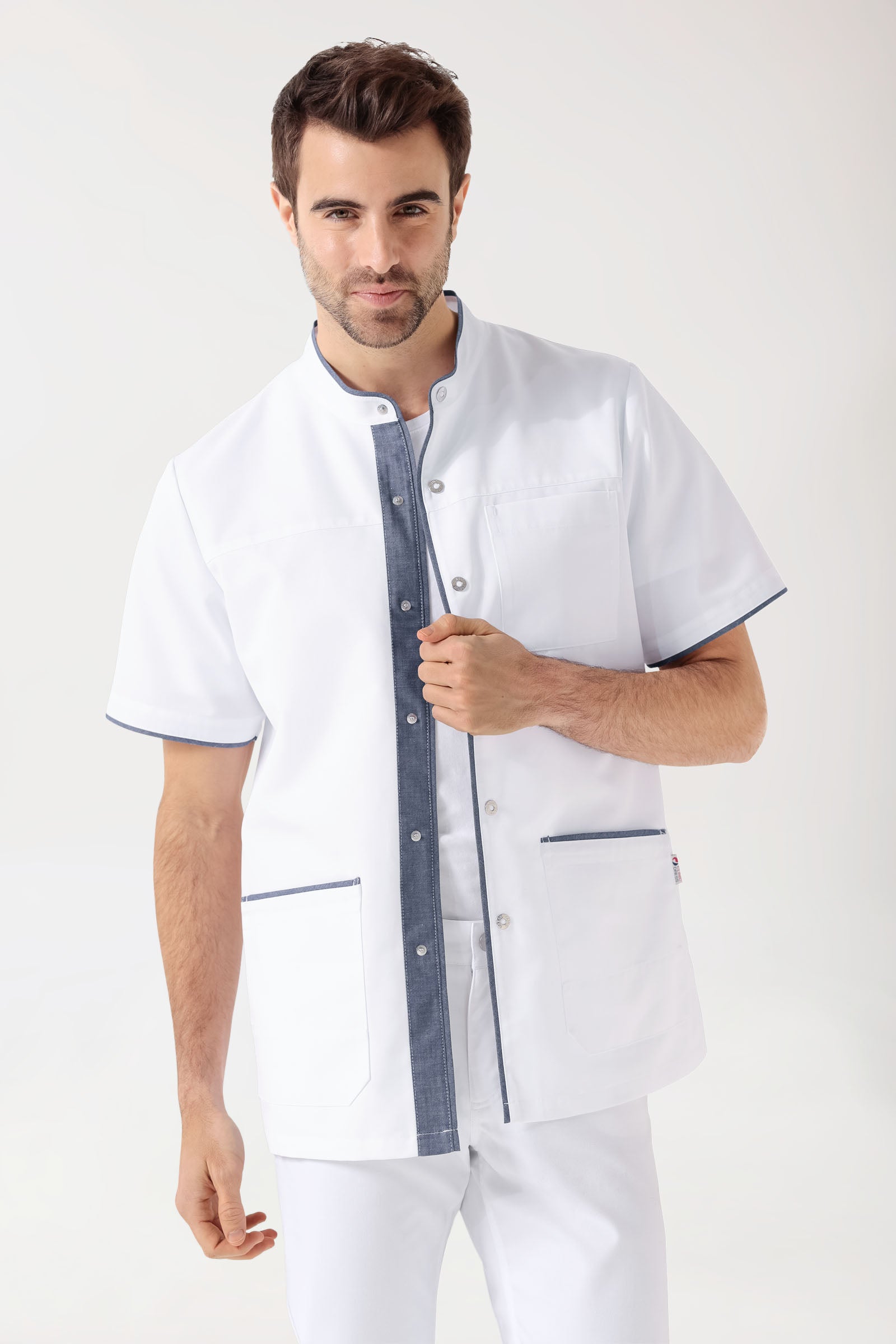 Beauty Kasack Herren - durchgeknöpft weiss/jeansblau