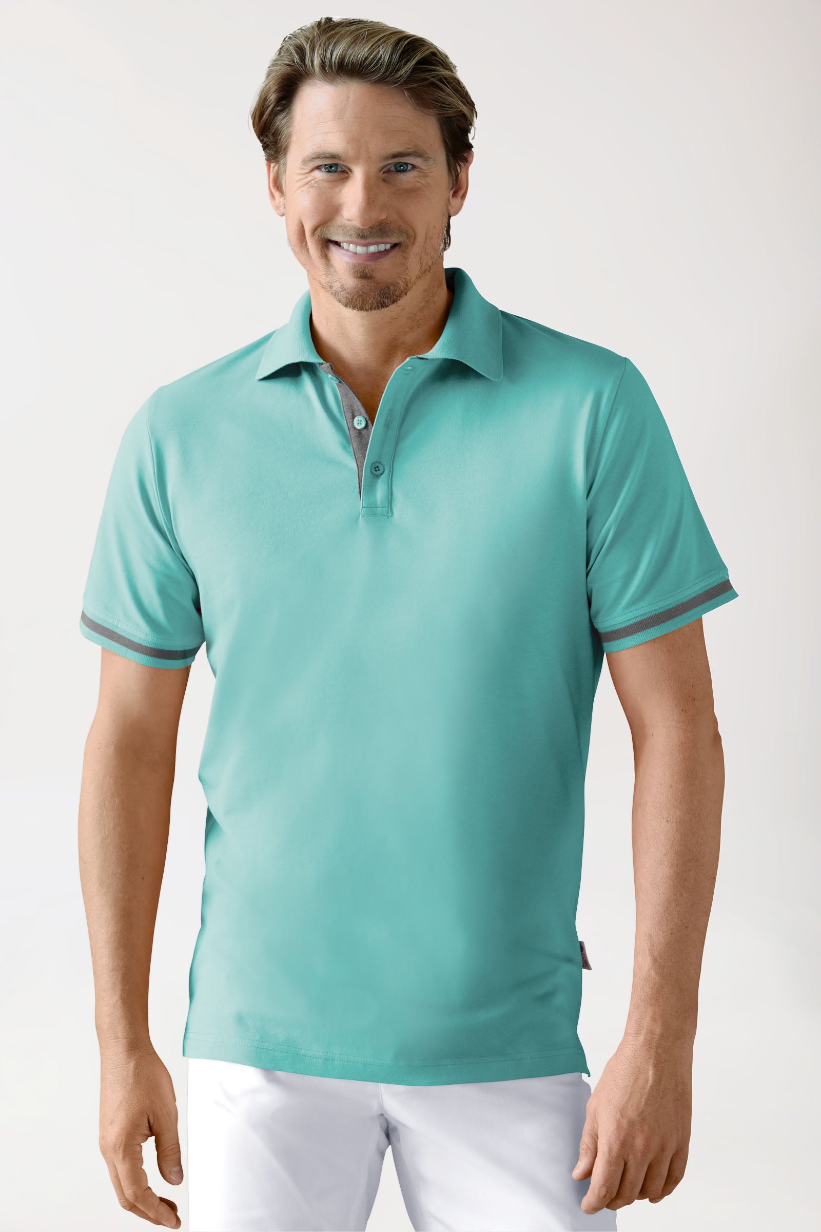 Stretch Shirt Herren - Polokragen aqua green/dunkelgrau melange, Vorderansicht
