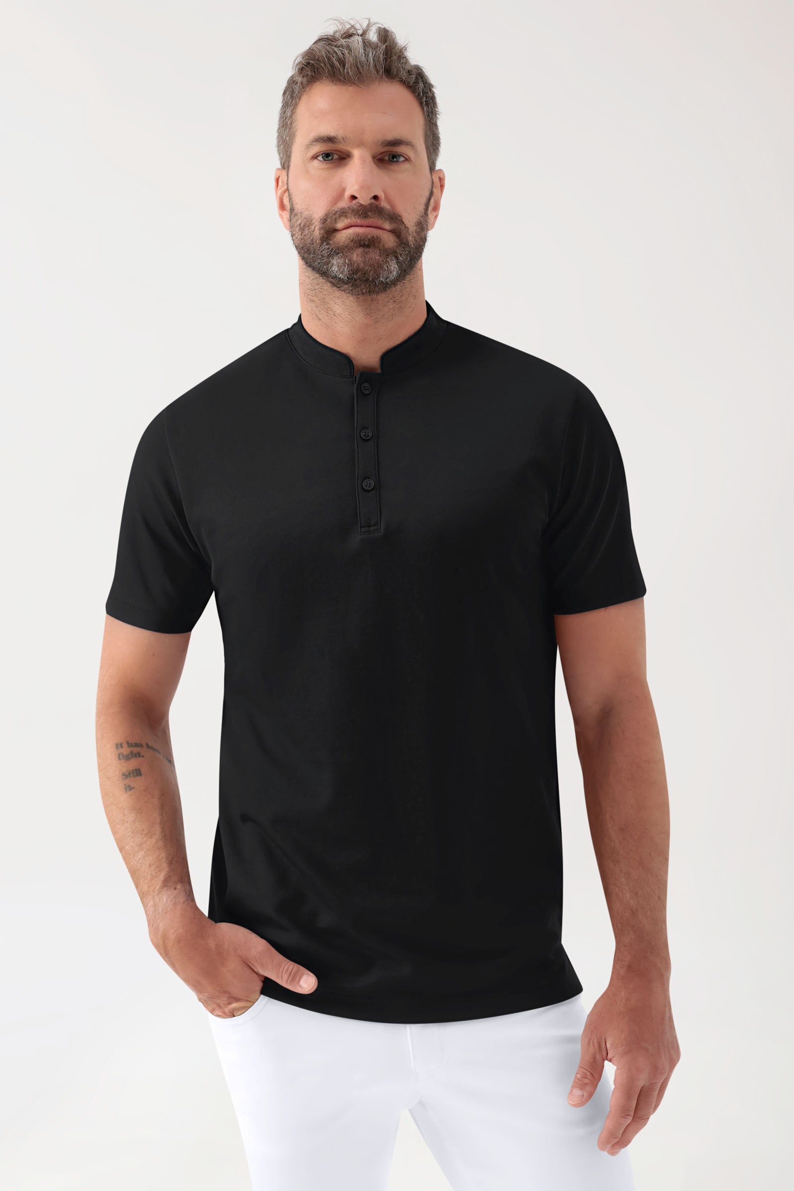 COMFY FLEX Stretch Shirt Herren - Stehkragen schwarz, Vorderansicht