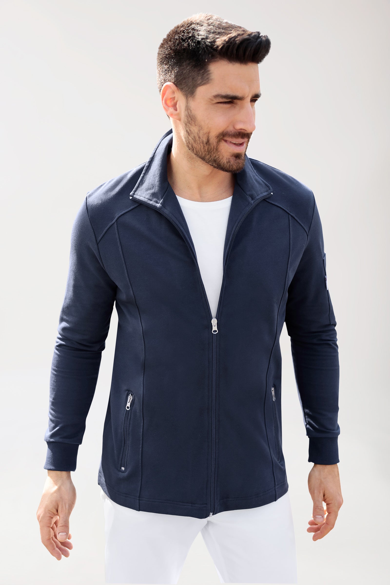 Sweatjacke Herren - Stehkragen navy, Vorderansicht