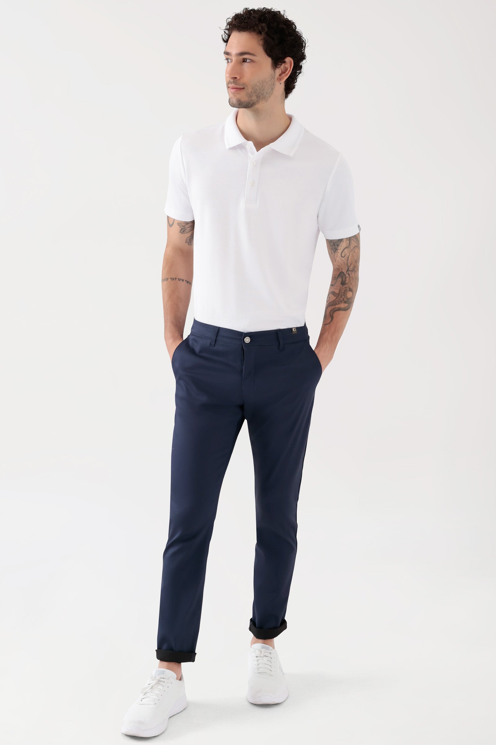 COMFY FLEX Hose Herren - Chino Style navy, Vorderansicht Das Model ist 188 cm groß und trägt Grösse 48